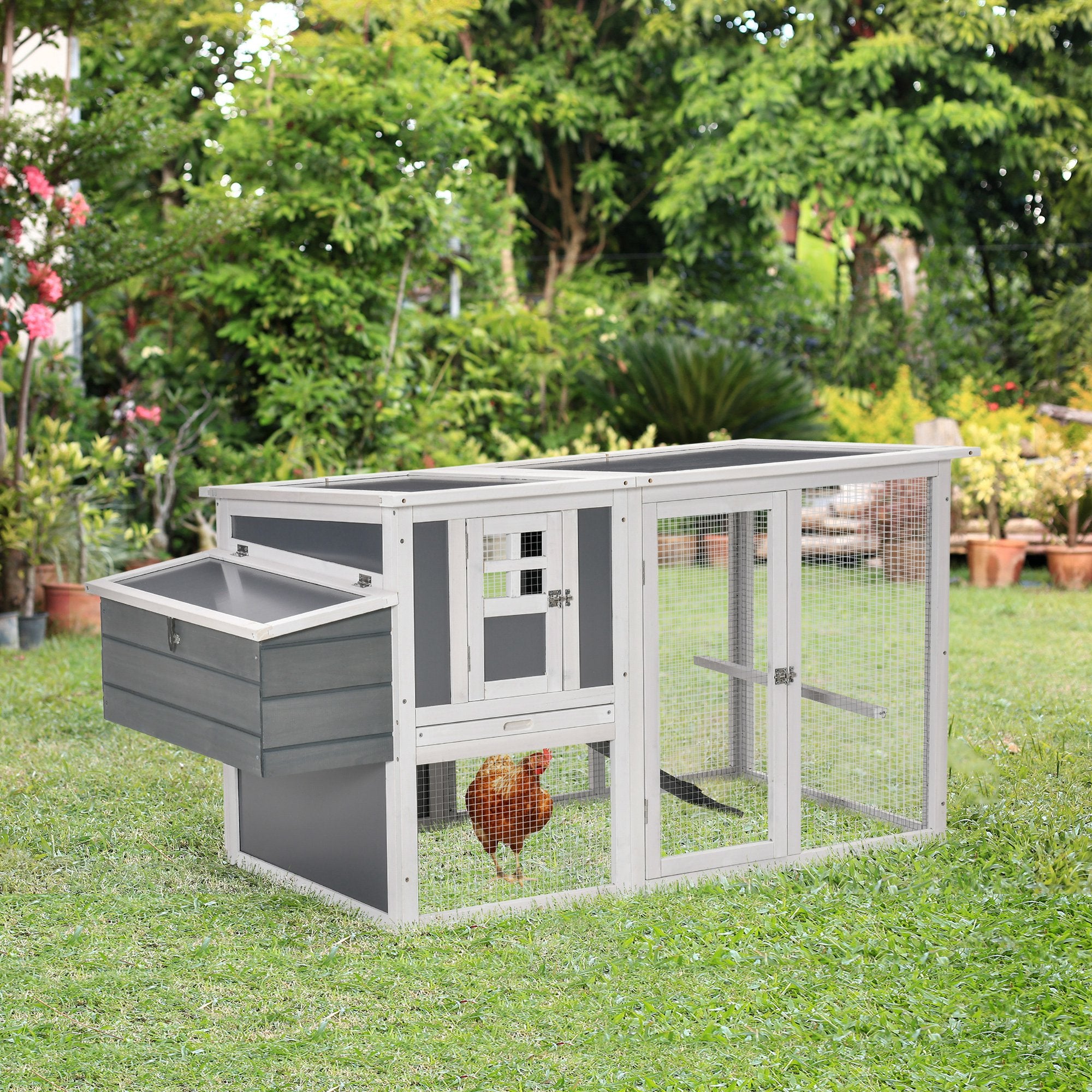 PawHut Chicken Coop with Run Rabbit Hutch Wooden Poultry Cage Hen House w/ Nesting Box Removable Tray Openable Roof Grey 162 x 76.5 x 79.5cm