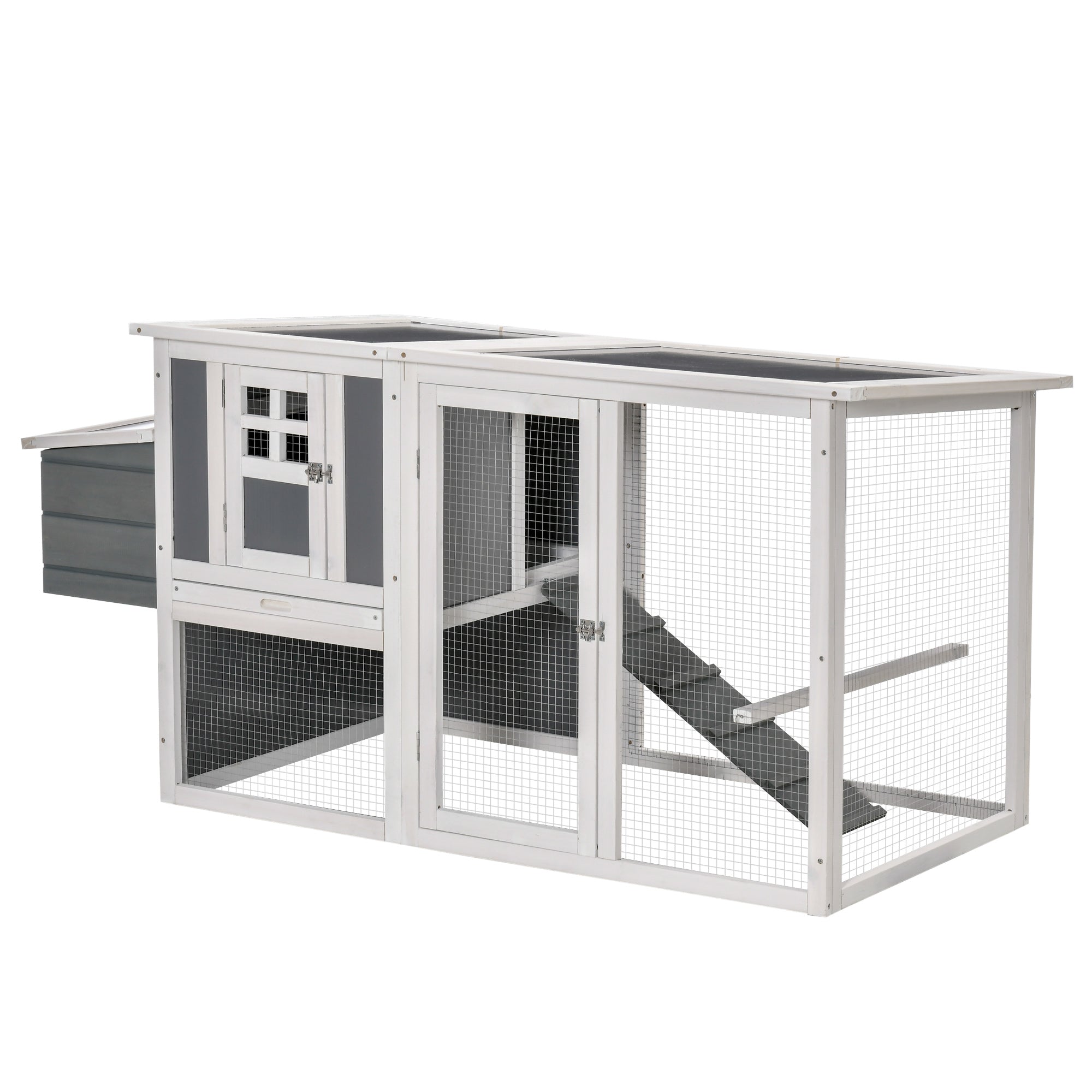 PawHut Chicken Coop with Run Rabbit Hutch Wooden Poultry Cage Hen House w/ Nesting Box Removable Tray Openable Roof Grey 162 x 76.5 x 79.5cm