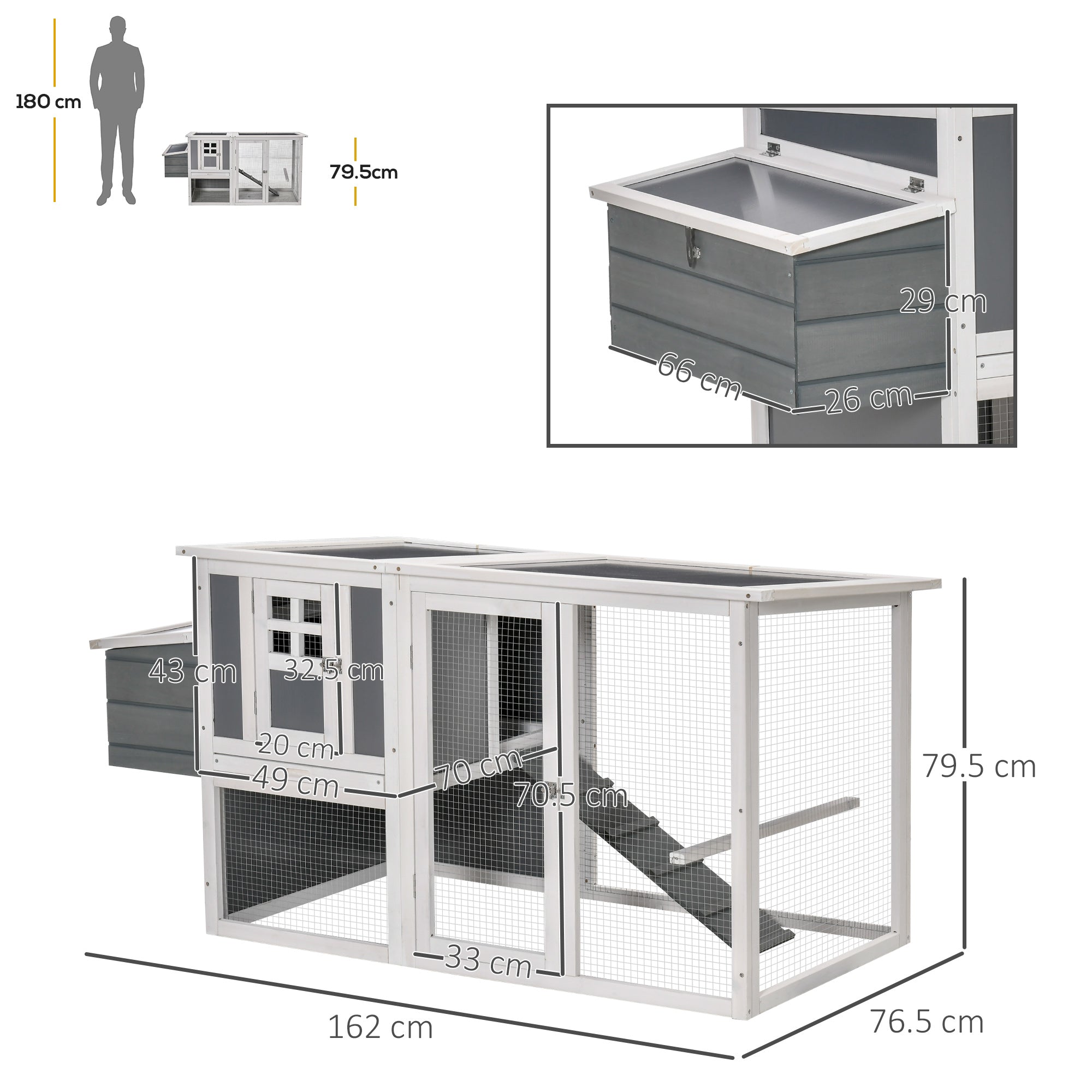 PawHut Chicken Coop with Run Rabbit Hutch Wooden Poultry Cage Hen House w/ Nesting Box Removable Tray Openable Roof Grey 162 x 76.5 x 79.5cm