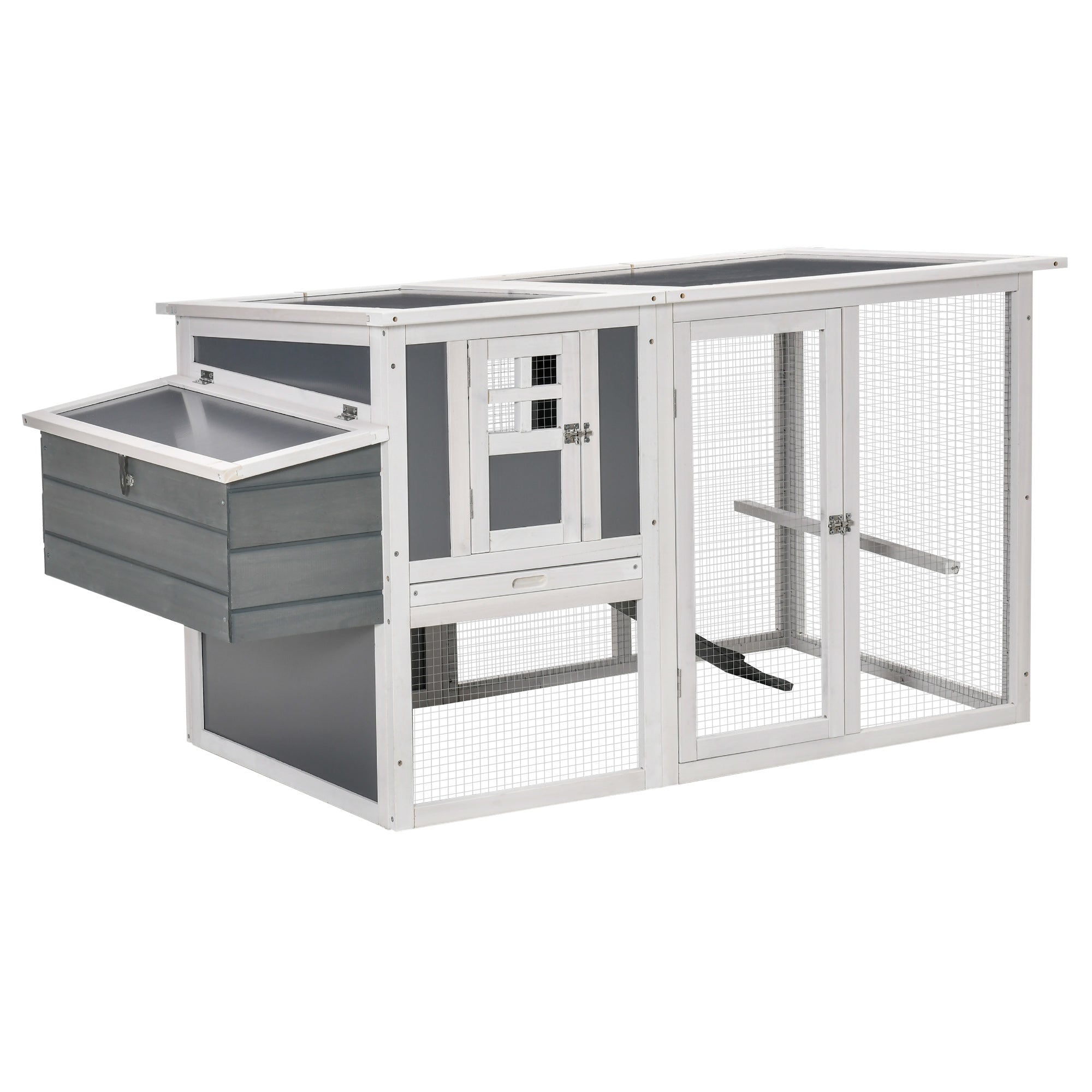 PawHut Chicken Coop with Run Rabbit Hutch Wooden Poultry Cage Hen House w/ Nesting Box Removable Tray Openable Roof Grey 162 x 76.5 x 79.5cm