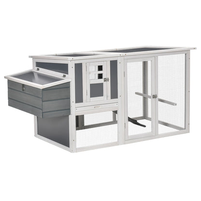 PawHut Chicken Coop with Run Rabbit Hutch Wooden Poultry Cage Hen House w/ Nesting Box Removable Tray Openable Roof Grey 162 x 76.5 x 79.5cm