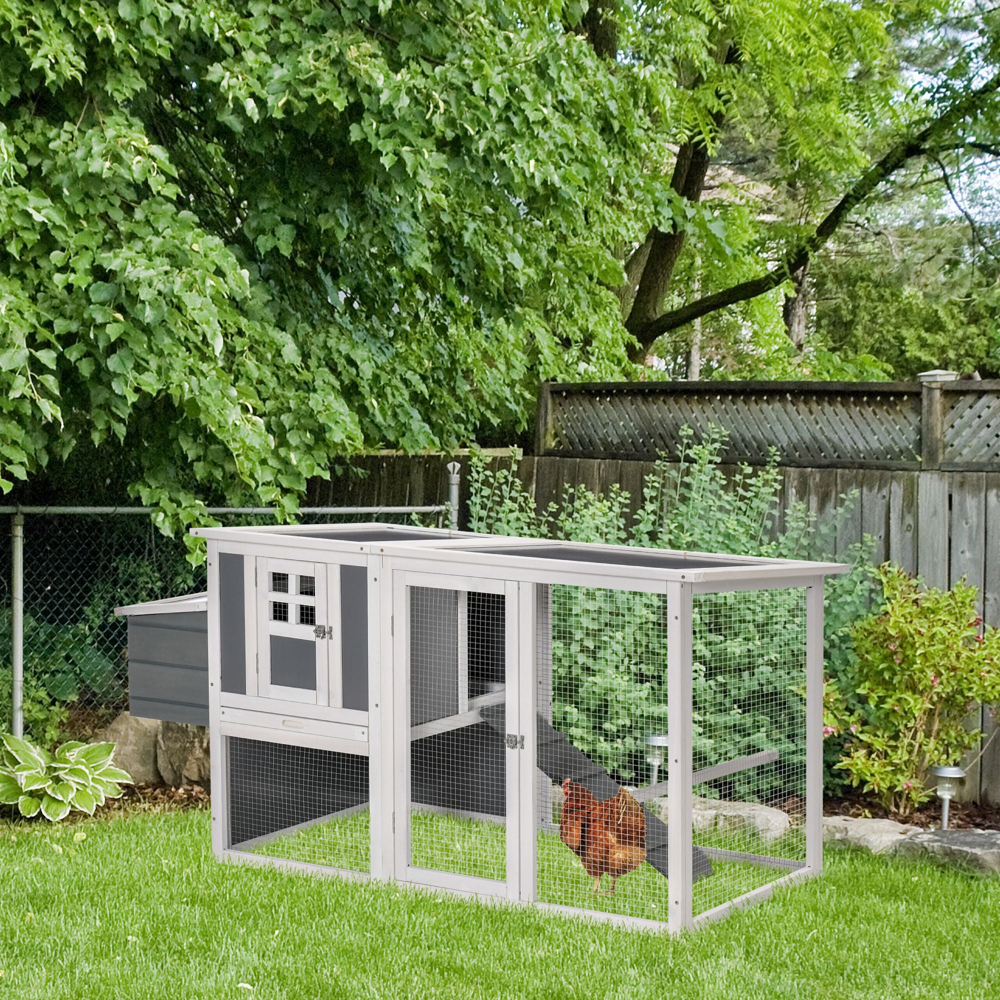 PawHut Chicken Coop with Run Rabbit Hutch Wooden Poultry Cage Hen House w/ Nesting Box Removable Tray Openable Roof Grey 162 x 76.5 x 79.5cm