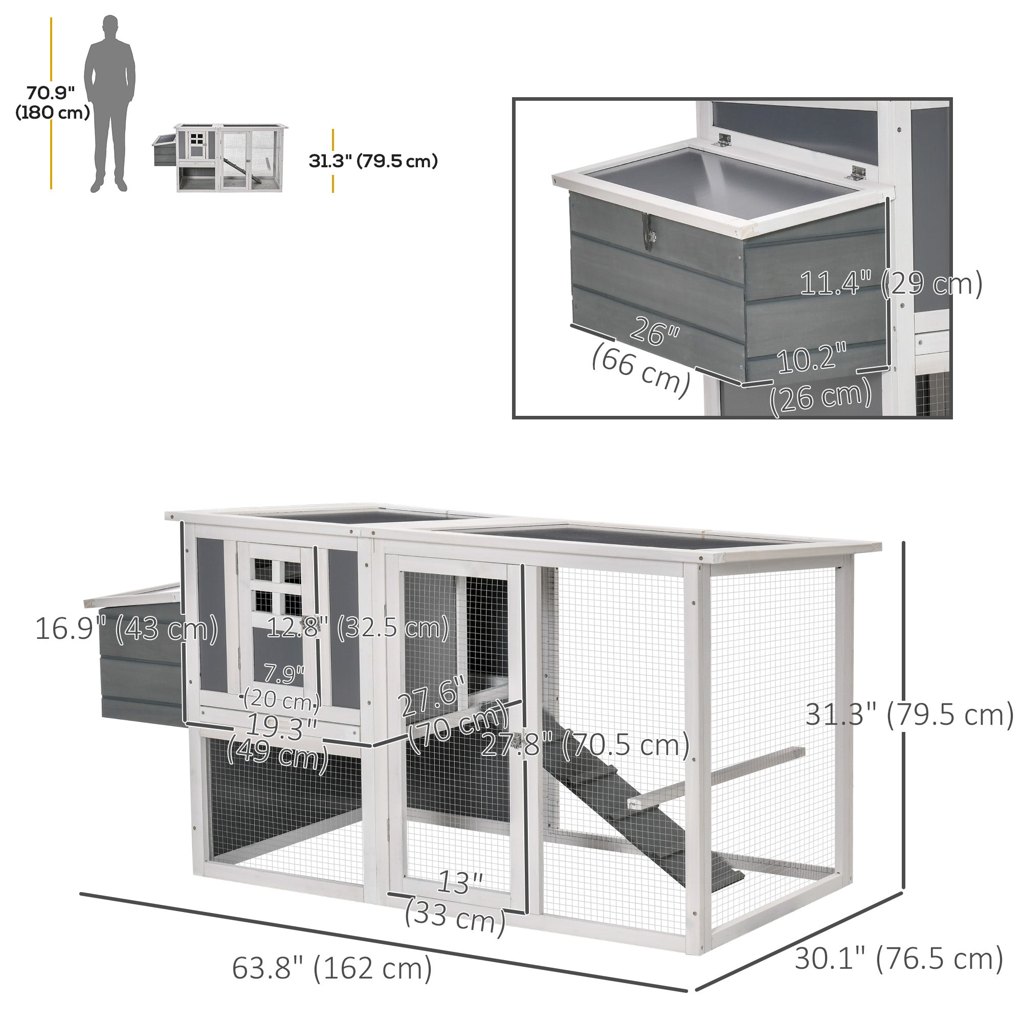 PawHut 64" Wooden Chicken Coop, Outdoor Hen House Poultry Cage with Outdoor Run, Nesting Box, Removable Tray, Openable Hollow Sheet Roof and Lockable Doors