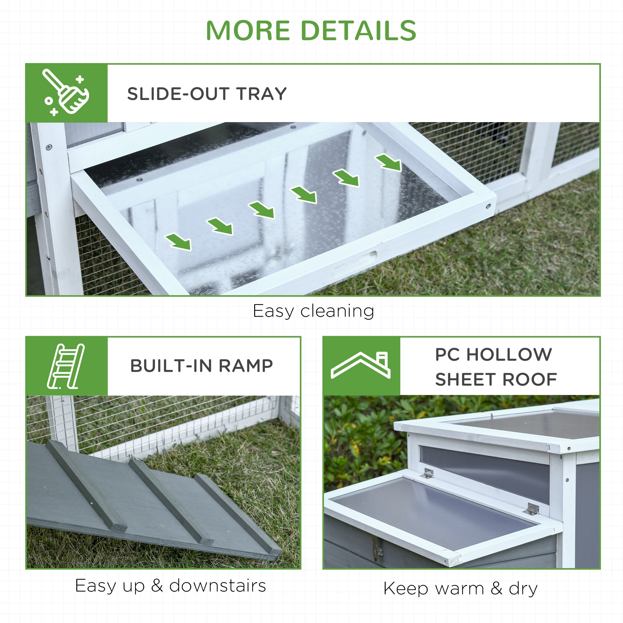 PawHut Chicken Coop with Run Rabbit Hutch Wooden Poultry Cage Hen House w/ Nesting Box Removable Tray Openable Roof Grey 162 x 76.5 x 79.5cm