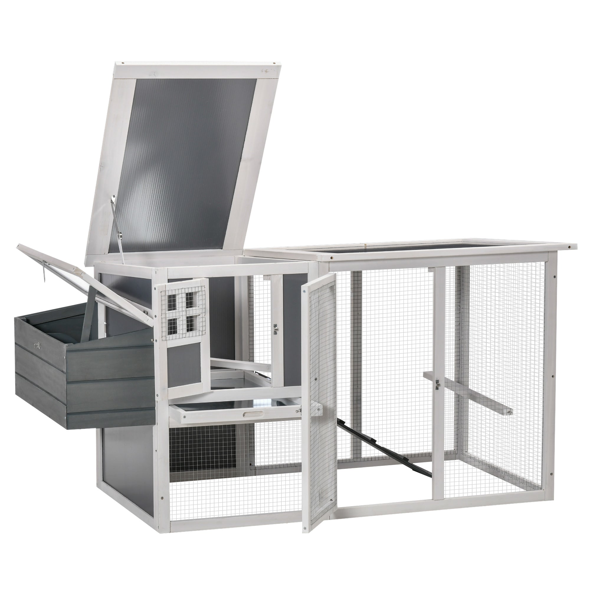 PawHut Chicken Coop with Run Rabbit Hutch Wooden Poultry Cage Hen House w/ Nesting Box Removable Tray Openable Roof Grey 162 x 76.5 x 79.5cm