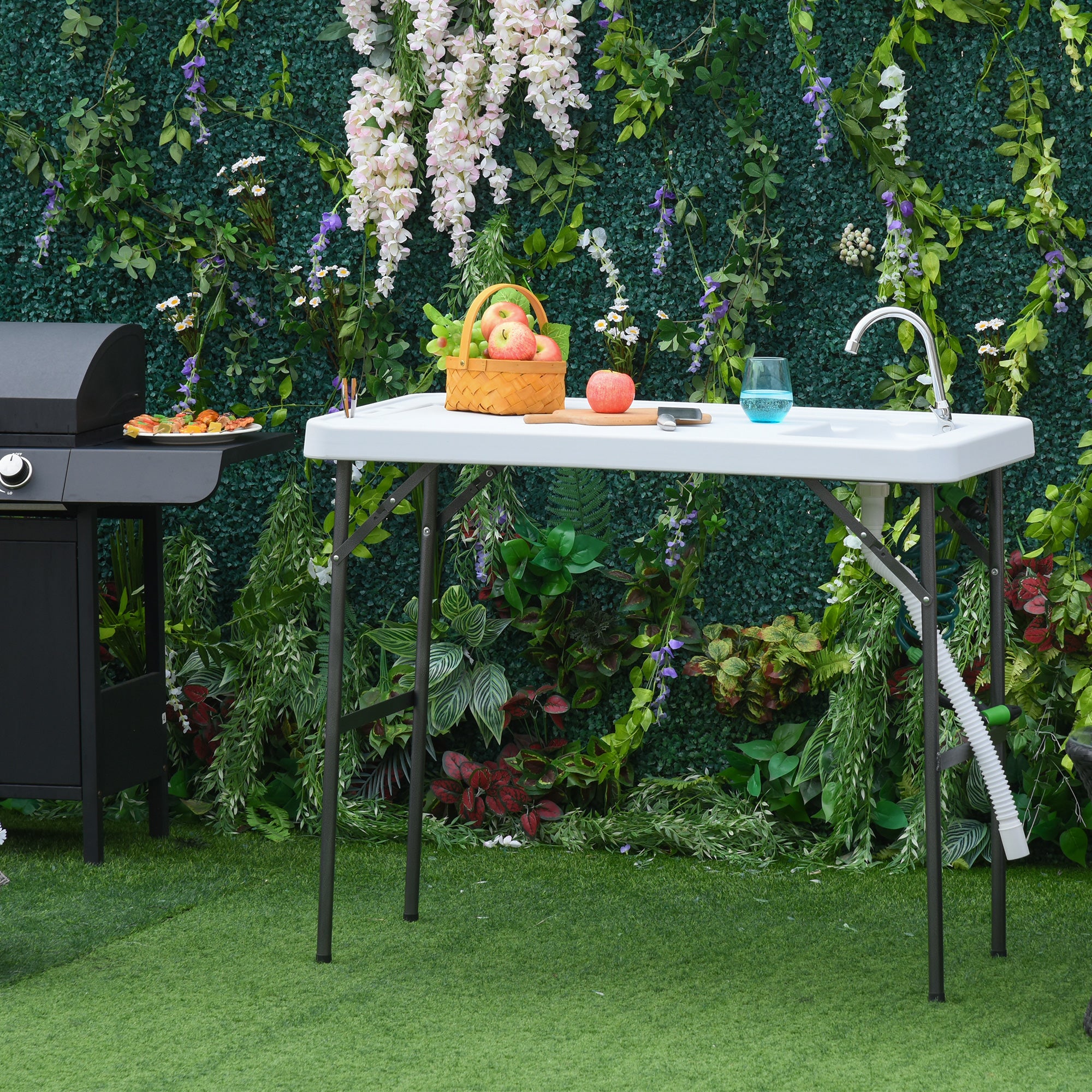 Outsunny Folding Table Fish Table Cleaning Wash Table with Sink, Faucet and Spray Cleaner for BBQ Camping Picnic Garden 45"x23"x37" White