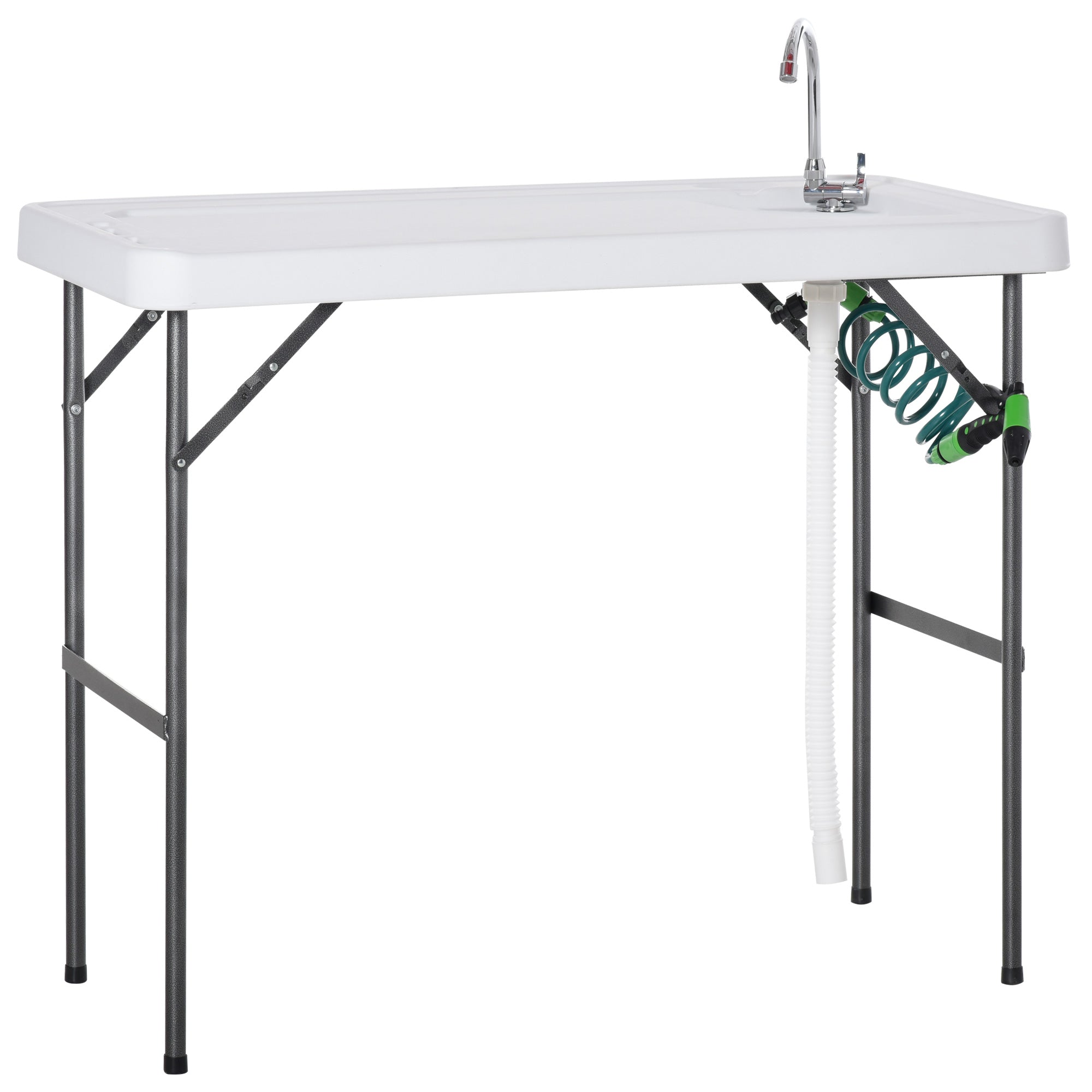 Outsunny Folding Table Fish Table Cleaning Wash Table with Sink, Faucet and Spray Cleaner for BBQ Camping Picnic Garden 45"x23"x37" White