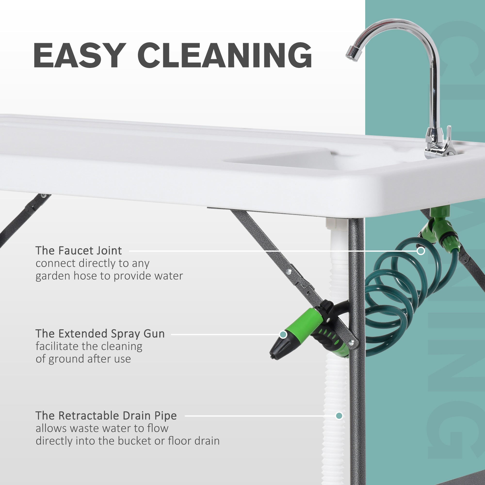 Outsunny Folding Table Fish Table Cleaning Wash Table with Sink, Faucet and Spray Cleaner for BBQ Camping Picnic Garden 45"x23"x37" White