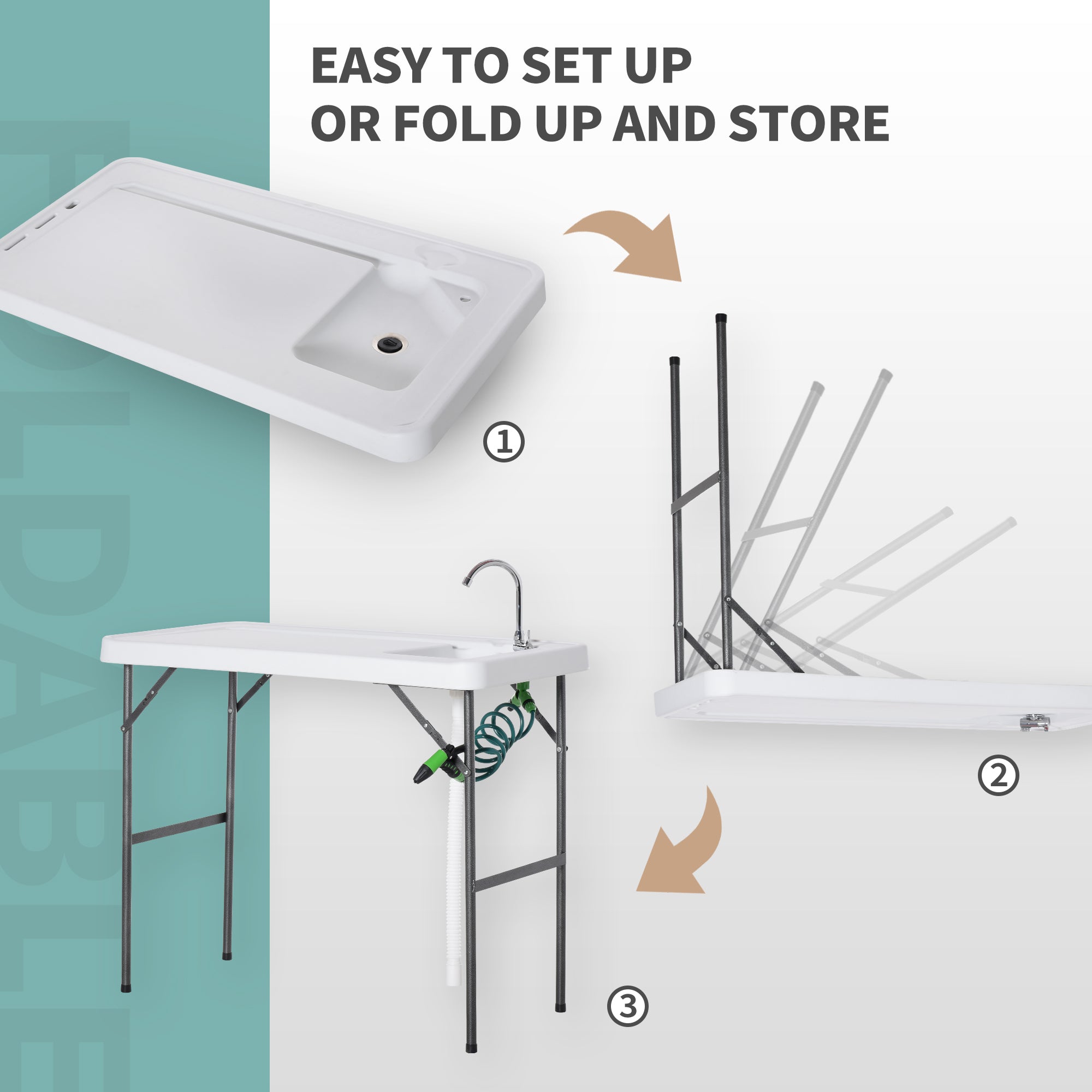 Outsunny Folding Table Fish Table Cleaning Wash Table with Sink, Faucet and Spray Cleaner for BBQ Camping Picnic Garden 45"x23"x37" White