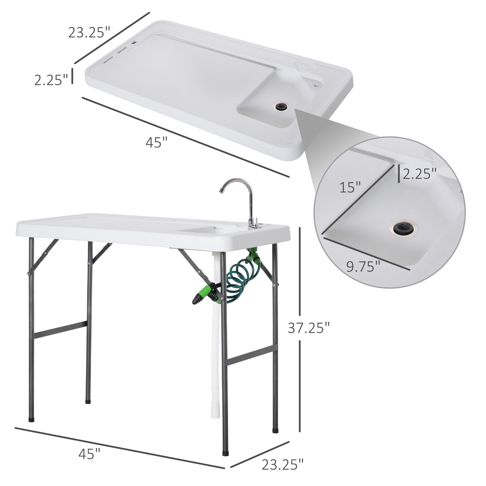 Outsunny Folding Table Fish Table Cleaning Wash Table with Sink, Faucet and Spray Cleaner for BBQ Camping Picnic Garden 45"x23"x37" White