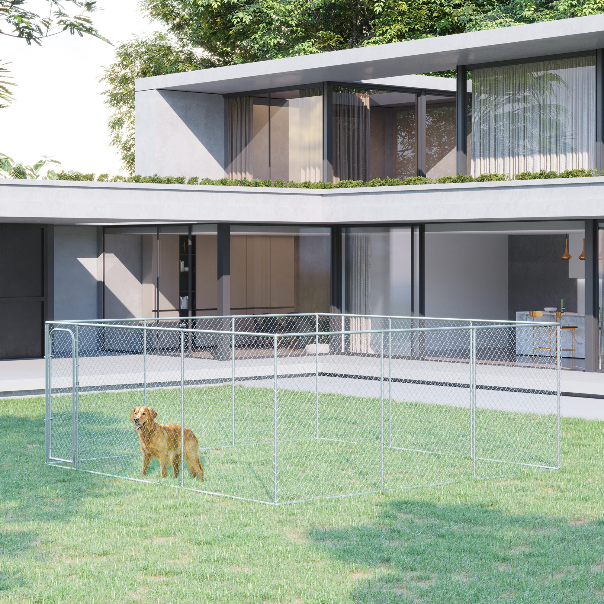PawHut Large Dog Kennel Outside, Heavy Duty Dog Cage, Outdoor Fence Dog Run with Galvanized Chain Link, Secure Lock, 15.1' x 15.1' x 6