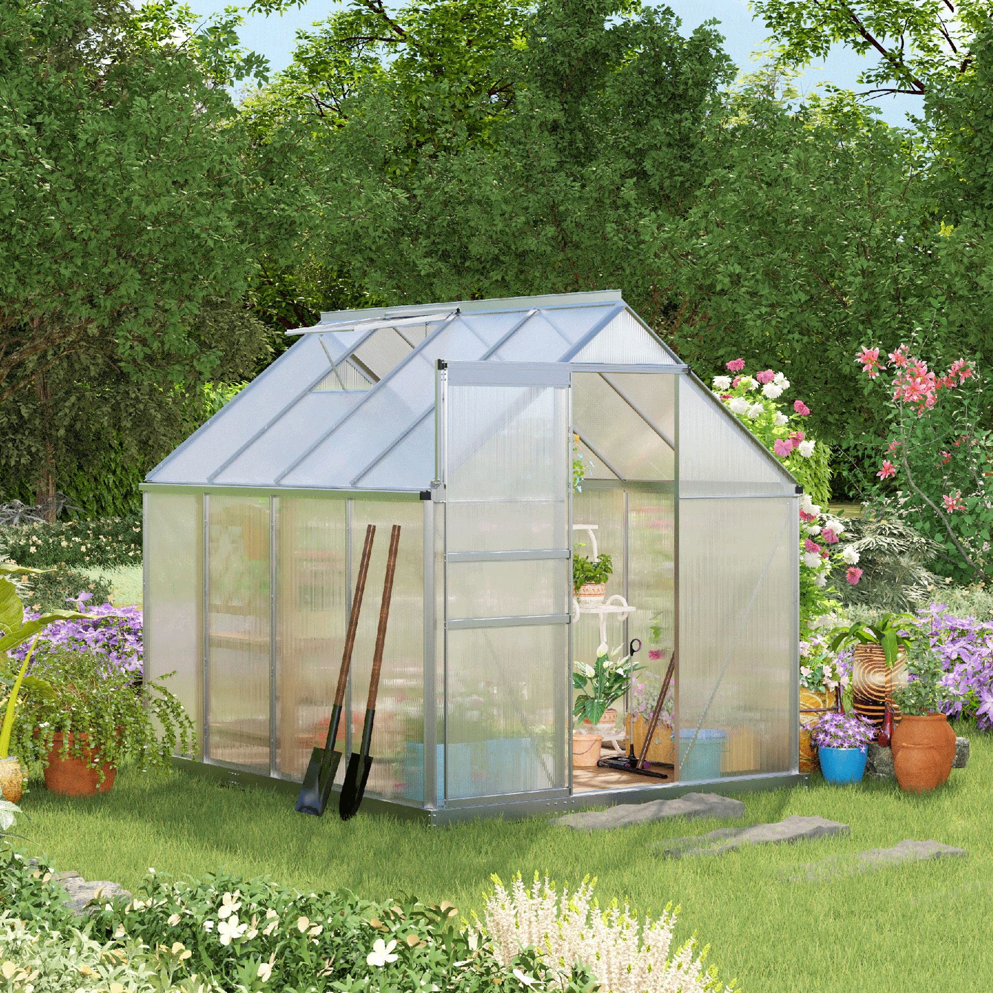 Outsunny 6' x 8' x 6.5' Polycarbonate Greenhouse, Walk-in Green House with Adjustable Roof Vent, Galvanized Base, Sliding Door and Rain Gutter for Outdoor, Garden, Backyard, Clear