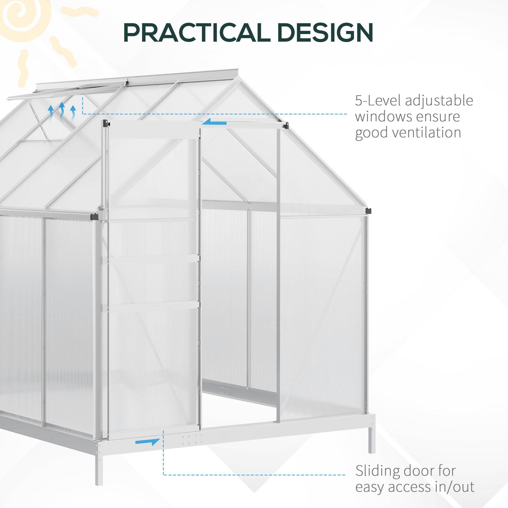 Outsunny 6' x 8' x 6.5' Polycarbonate Greenhouse, Walk-in Green House with Adjustable Roof Vent, Galvanized Base, Sliding Door and Rain Gutter for Outdoor, Garden, Backyard, Clear