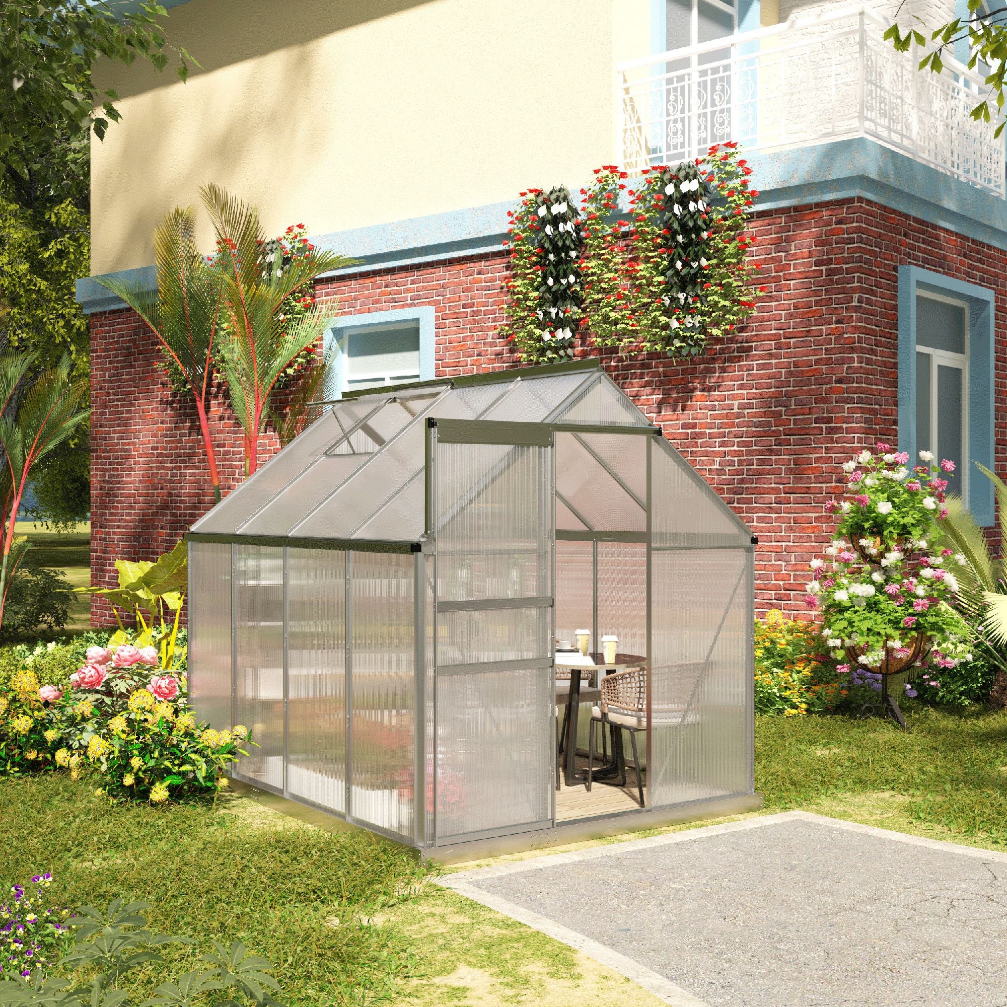 Outsunny 6' x 8' x 6.5' Polycarbonate Greenhouse, Walk-in Green House with Adjustable Roof Vent, Galvanized Base, Sliding Door and Rain Gutter for Outdoor, Garden, Backyard, Clear