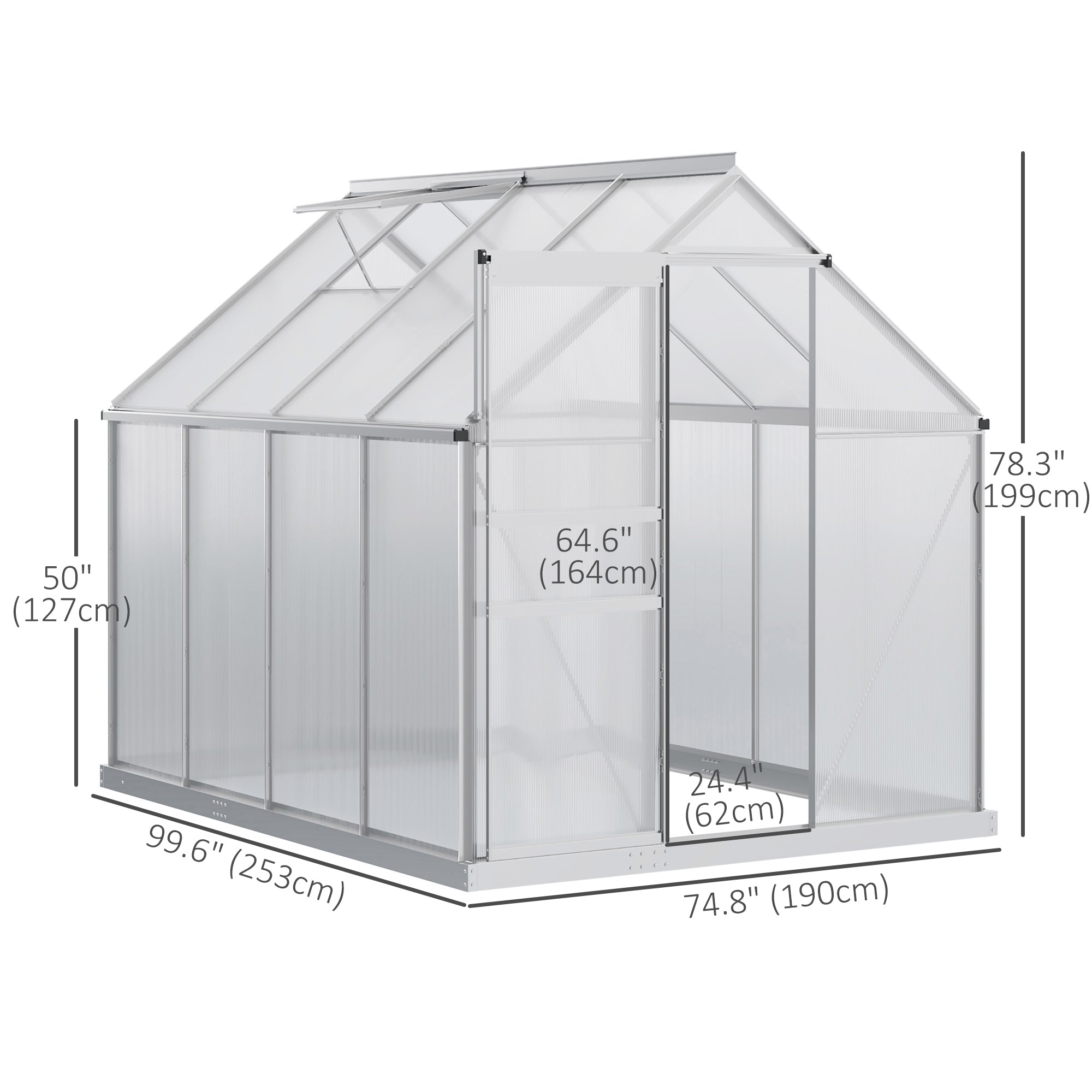 Outsunny 6' x 8' x 6.5' Polycarbonate Greenhouse, Walk-in Green House with Adjustable Roof Vent, Galvanized Base, Sliding Door and Rain Gutter for Outdoor, Garden, Backyard, Clear