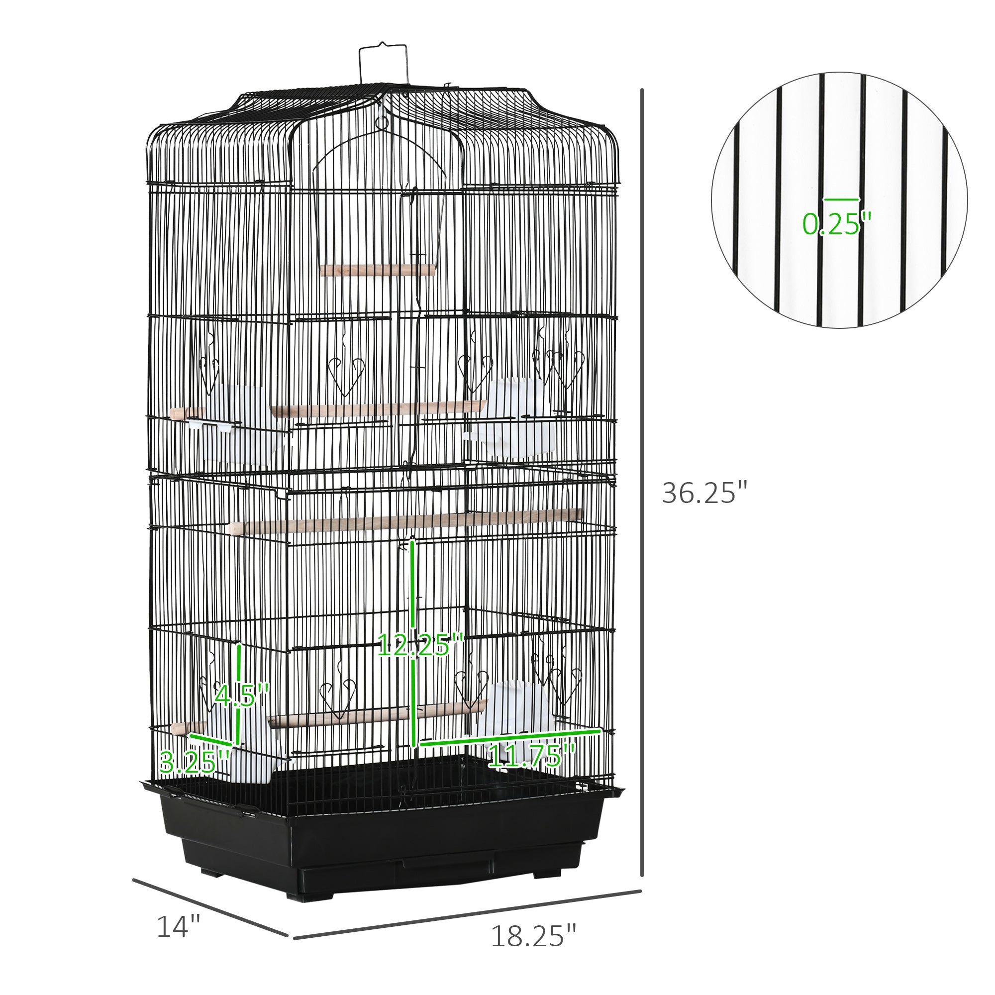 PawHut 36" Bird Cage for Finches, Canaries Budgies, Parrot Cage with Accessories, Handle, Black