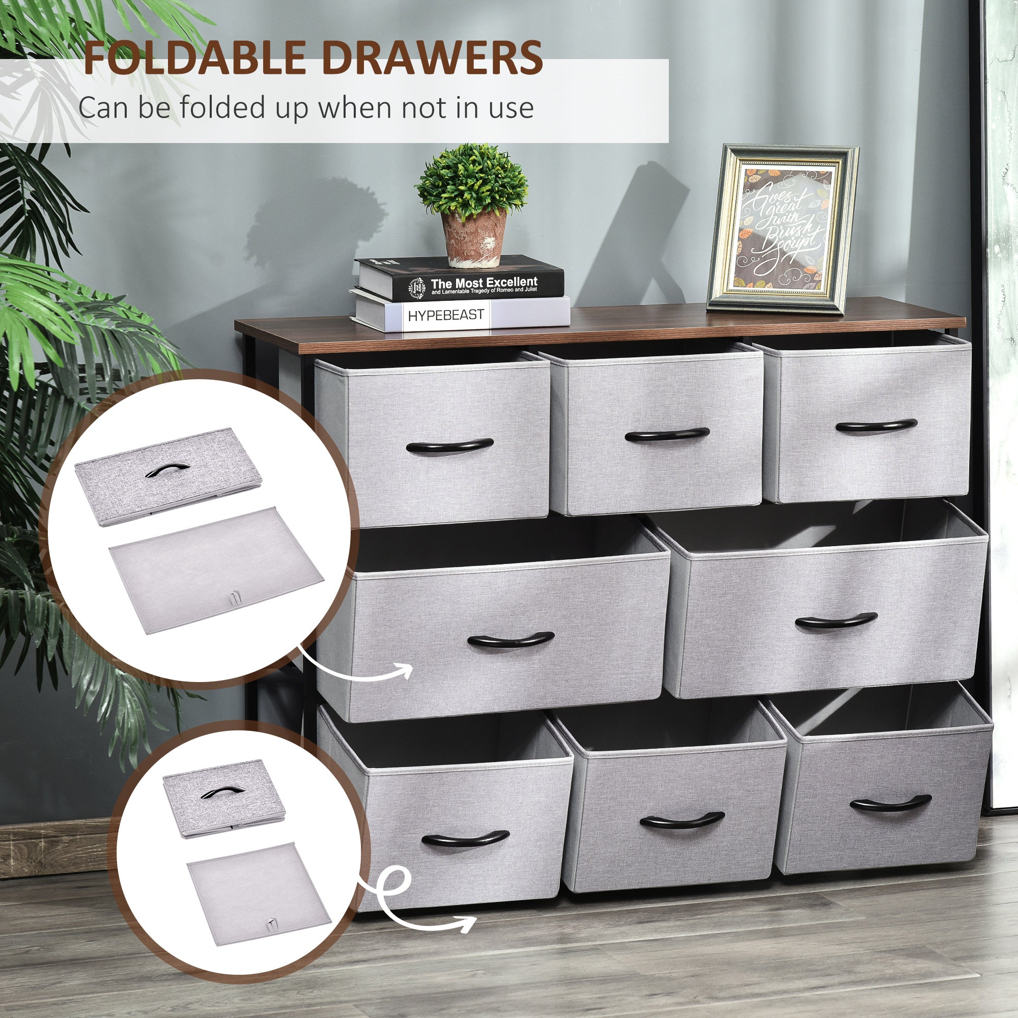 HOMCOM Dresser for Bedroom with 8 Drawers, 3-Tier Fabric Chest of Drawers, Tall Dresser Storage Tower with Steel Frame and Wooden Top for Closets, Nursery Room, Grey