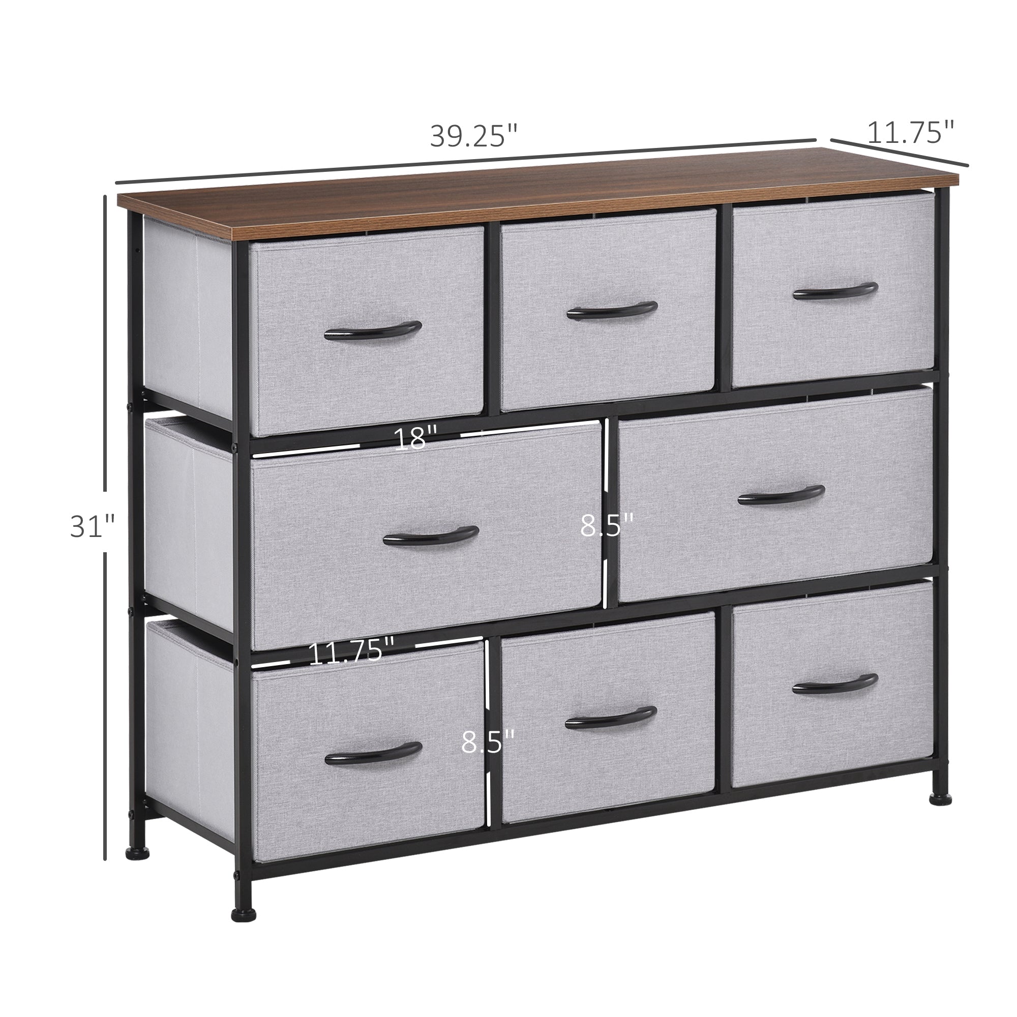 HOMCOM Dresser for Bedroom with 8 Drawers, 3-Tier Fabric Chest of Drawers, Tall Dresser Storage Tower with Steel Frame and Wooden Top for Closets, Nursery Room, Grey