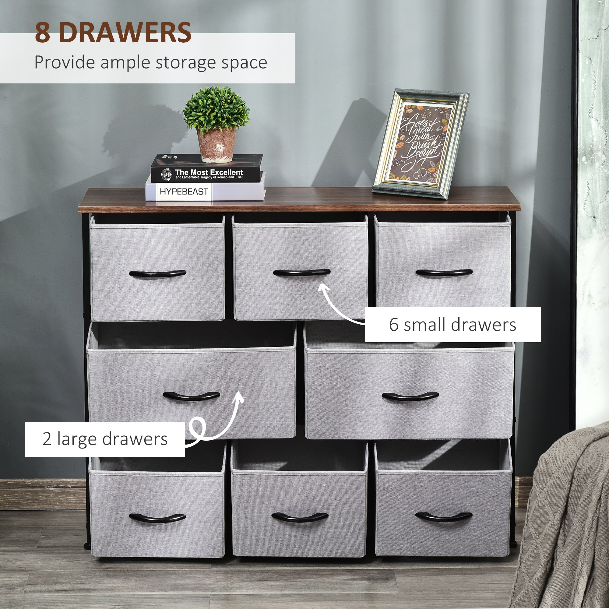 HOMCOM Dresser for Bedroom with 8 Drawers, 3-Tier Fabric Chest of Drawers, Tall Dresser Storage Tower with Steel Frame and Wooden Top for Closets, Nursery Room, Grey
