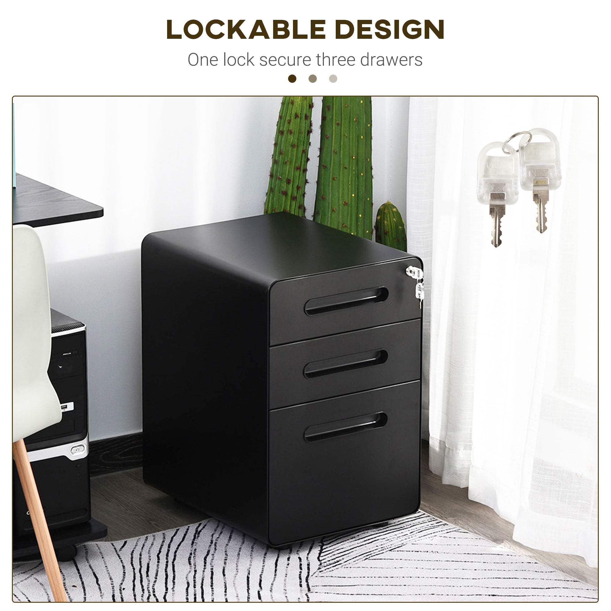 Vinsetto 3 Drawer Vertical Filing Cabinet with Lock and Wheels, Under Desk Mobile File Cabinet for Legal, A4, Letter Size, Steel Frame for Home Office, Black