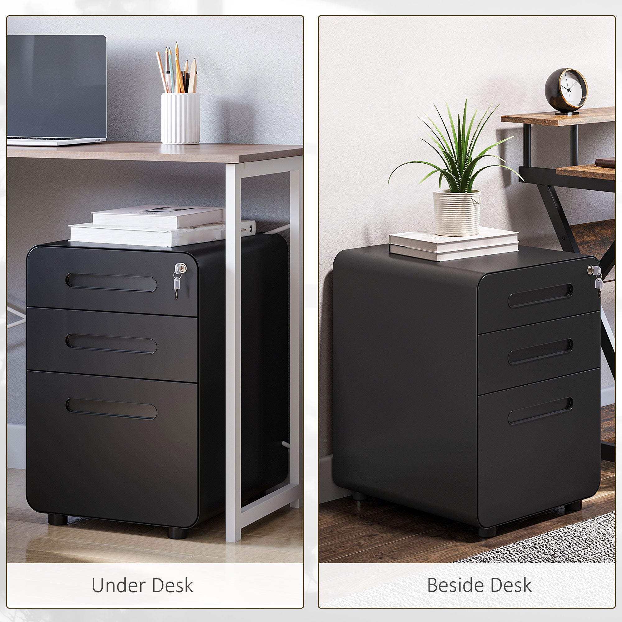 Vinsetto 3 Drawer Vertical Filing Cabinet with Lock and Wheels, Under Desk Mobile File Cabinet for Legal, A4, Letter Size, Steel Frame for Home Office, Black