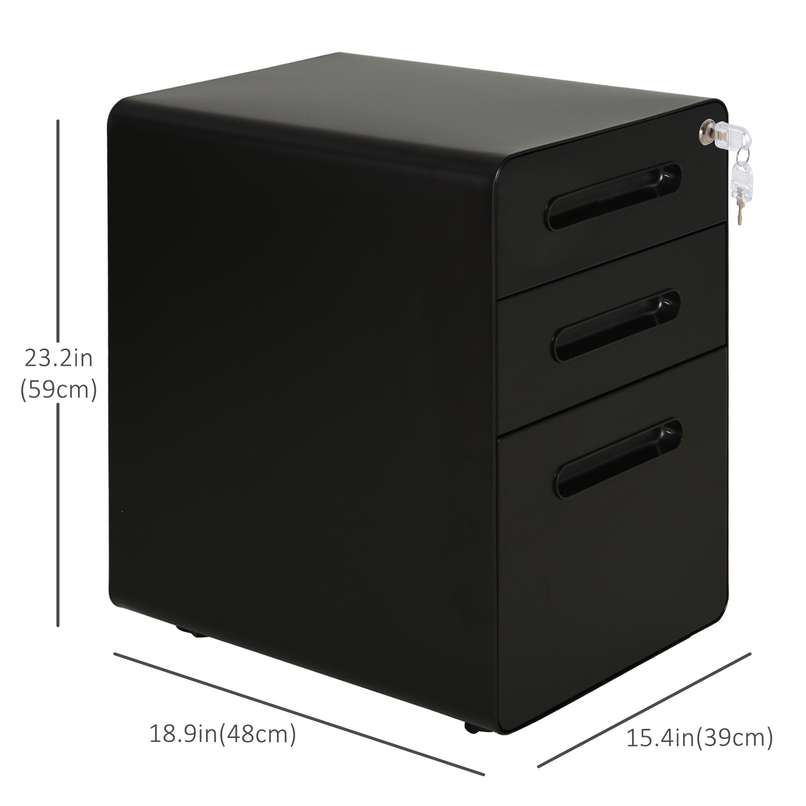 Vinsetto 3 Drawer Vertical Filing Cabinet with Lock and Wheels, Under Desk Mobile File Cabinet for Legal, A4, Letter Size, Steel Frame for Home Office, Black