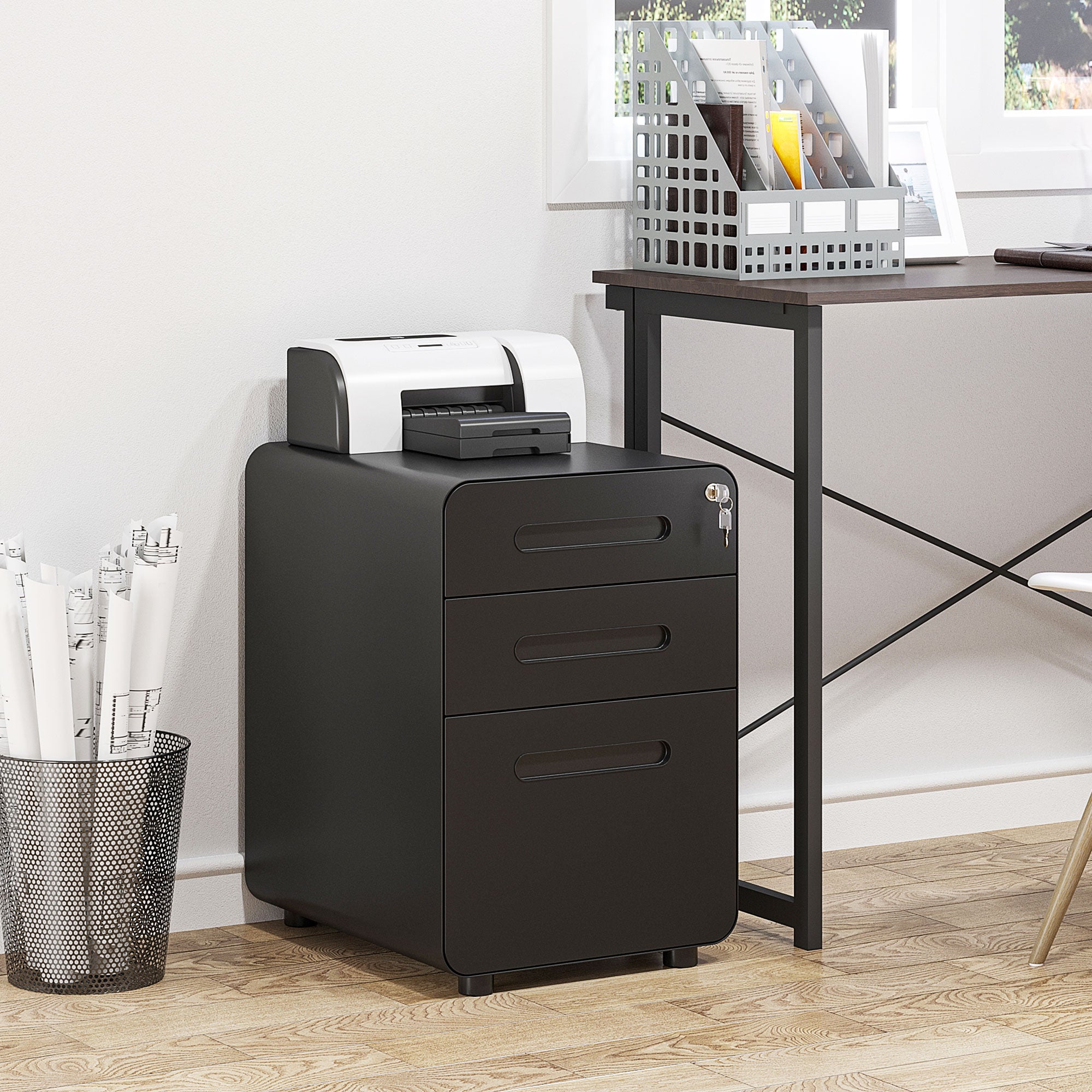 Vinsetto 3 Drawer Vertical Filing Cabinet with Lock and Wheels, Under Desk Mobile File Cabinet for Legal, A4, Letter Size, Steel Frame for Home Office, Black