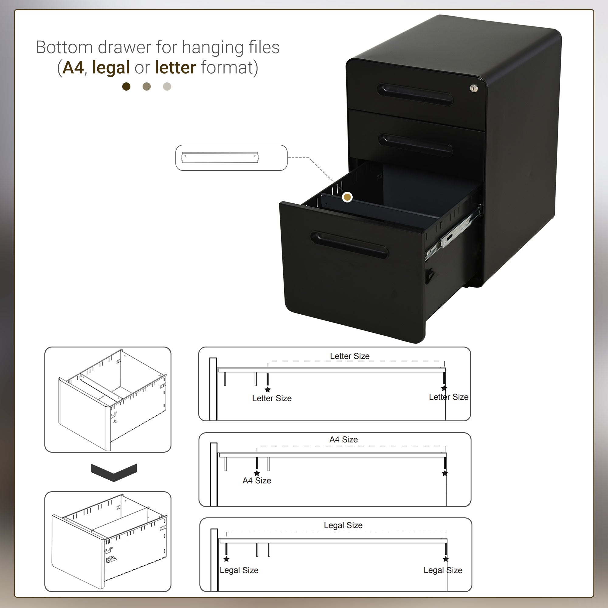Vinsetto 3 Drawer Vertical Filing Cabinet with Lock and Wheels, Under Desk Mobile File Cabinet for Legal, A4, Letter Size, Steel Frame for Home Office, Black