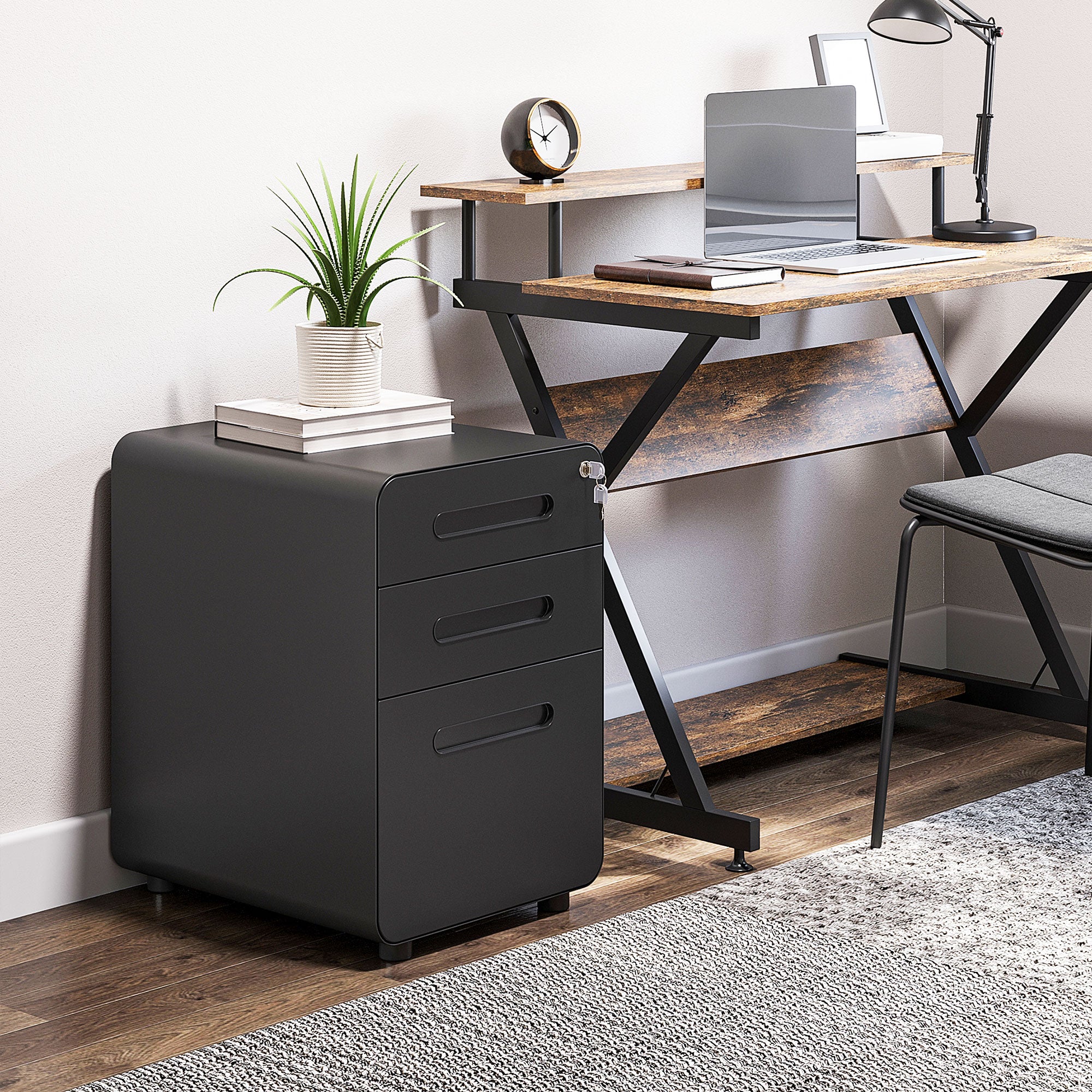 Vinsetto 3 Drawer Vertical Filing Cabinet with Lock and Wheels, Under Desk Mobile File Cabinet for Legal, A4, Letter Size, Steel Frame for Home Office, Black