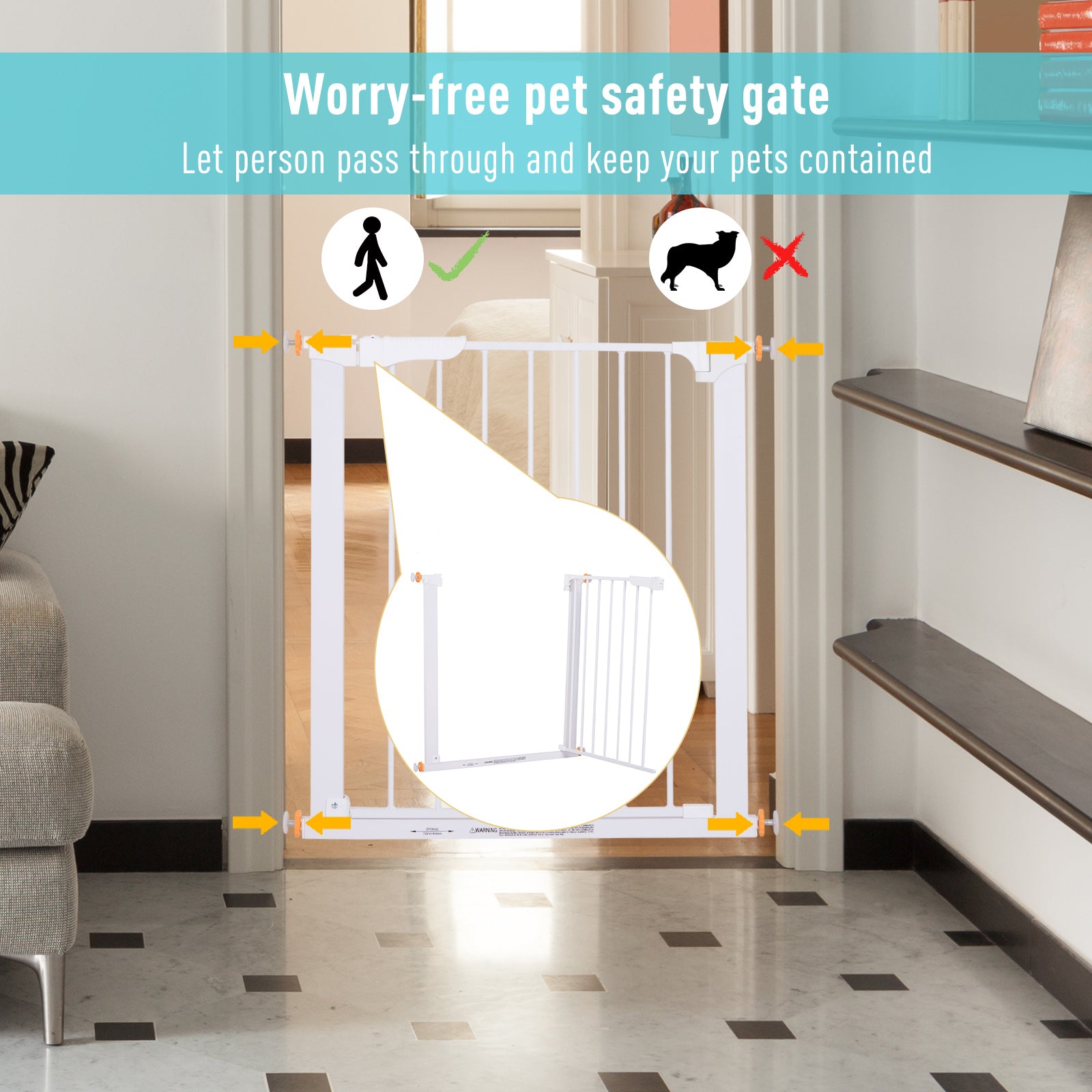 PawHut Stair Gate, Pressure Fit Safety Dog Gate Easy Close Pet Barrier for Doorway, 73-80 cm, White