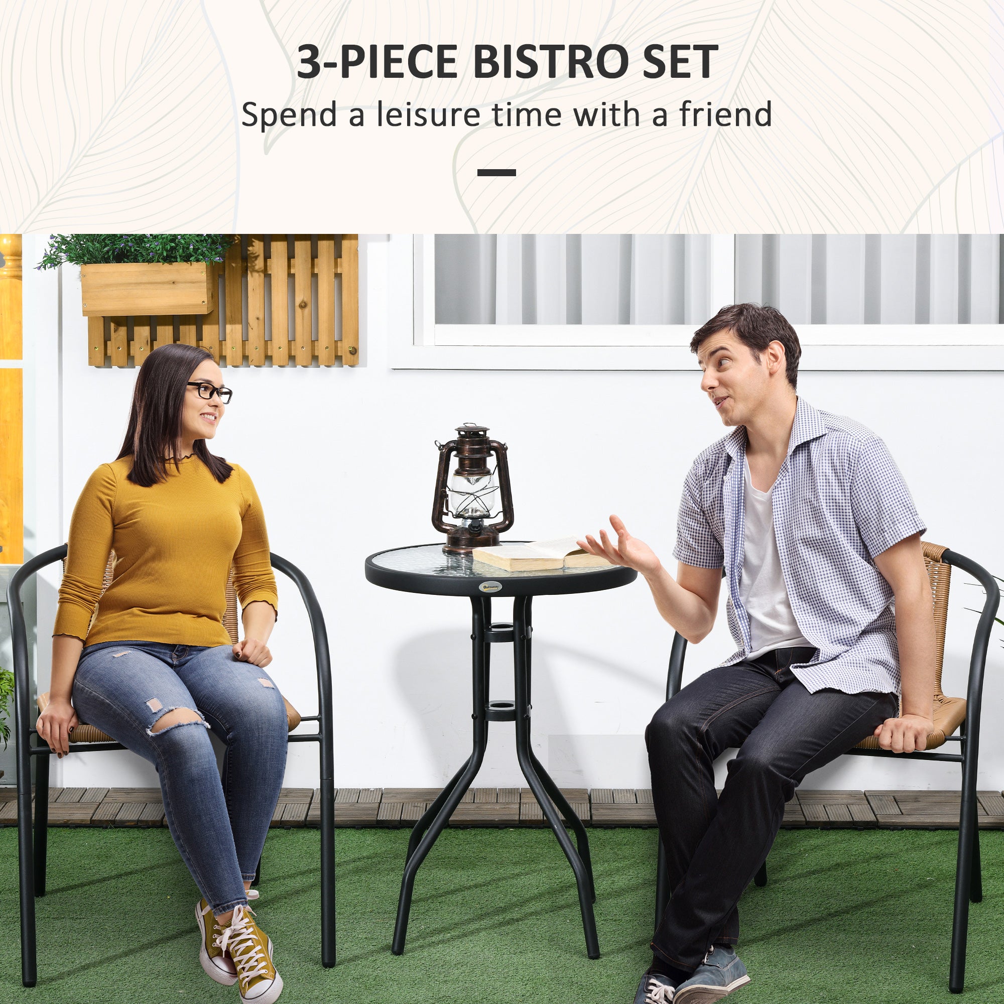 Outsunny 3 Pieces Wicker Patio Furniture Set, Rattan Bistro Set with Coffee Table and Stackable Chairs, Outdoor Conversation Set for Garden, Porch, Balcony, Brown
