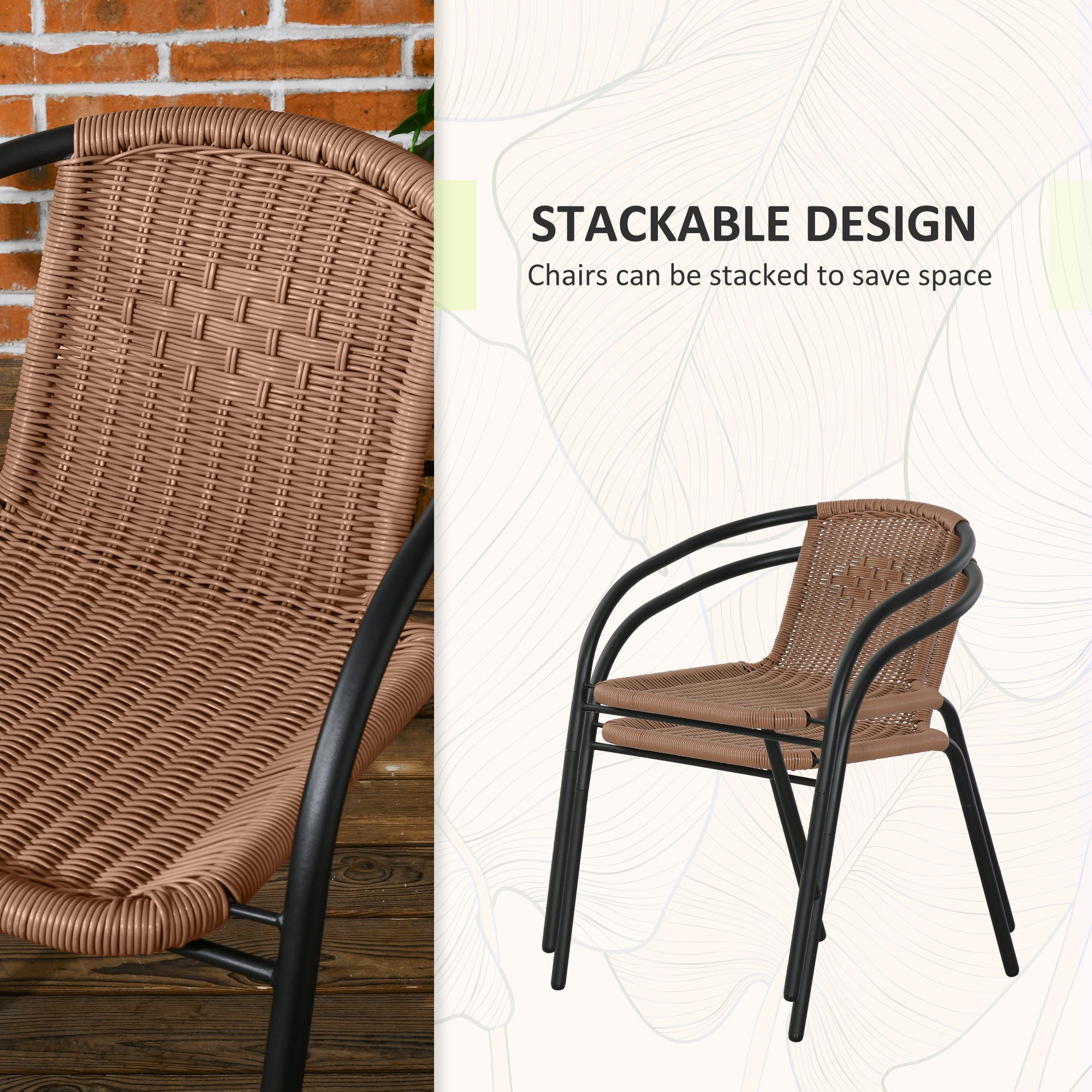 Outsunny 3 Pieces Wicker Patio Furniture Set, Rattan Bistro Set with Coffee Table and Stackable Chairs, Outdoor Conversation Set for Garden, Porch, Balcony, Brown