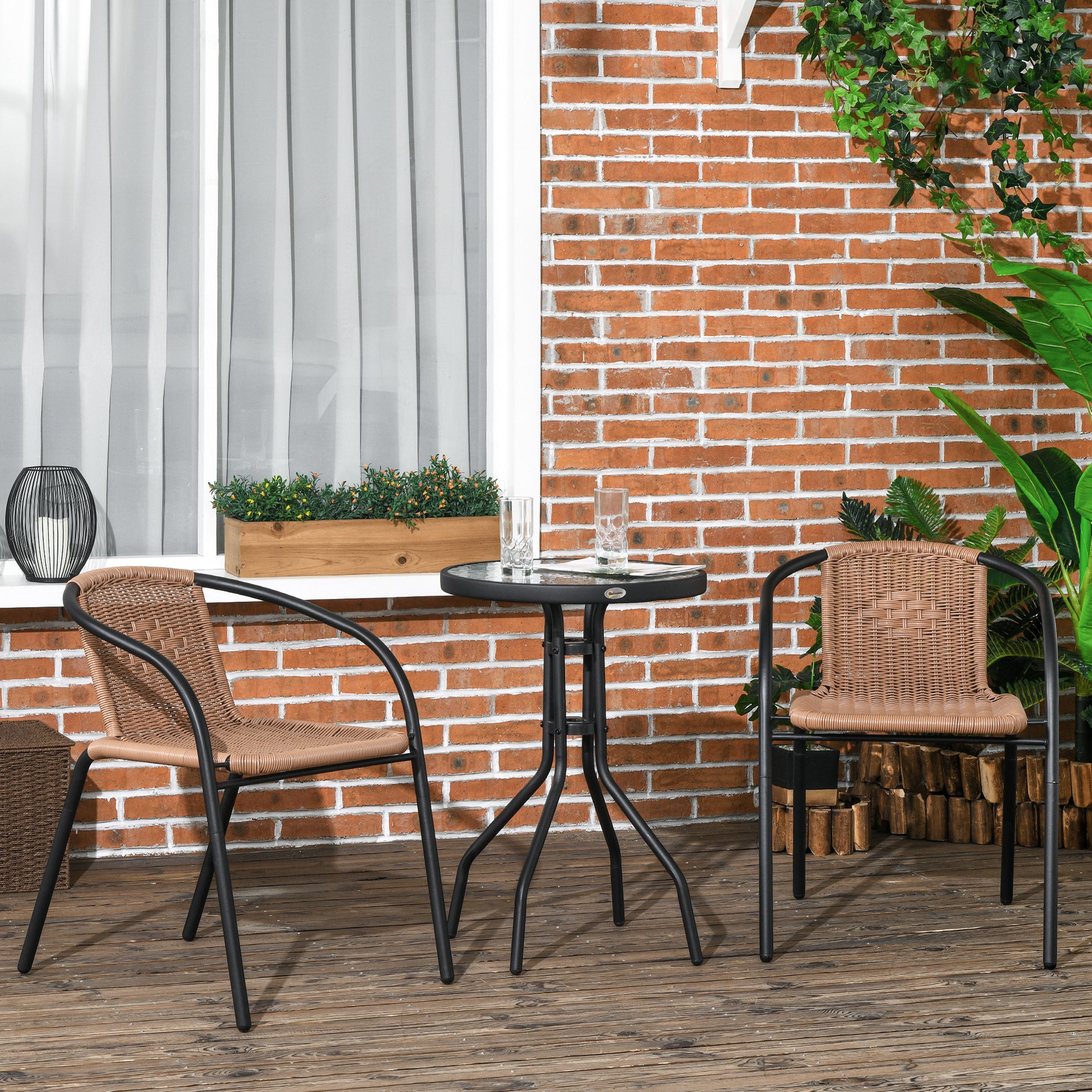 Outsunny 3 Pieces Wicker Patio Furniture Set, Rattan Bistro Set with Coffee Table and Stackable Chairs, Outdoor Conversation Set for Garden, Porch, Balcony, Brown