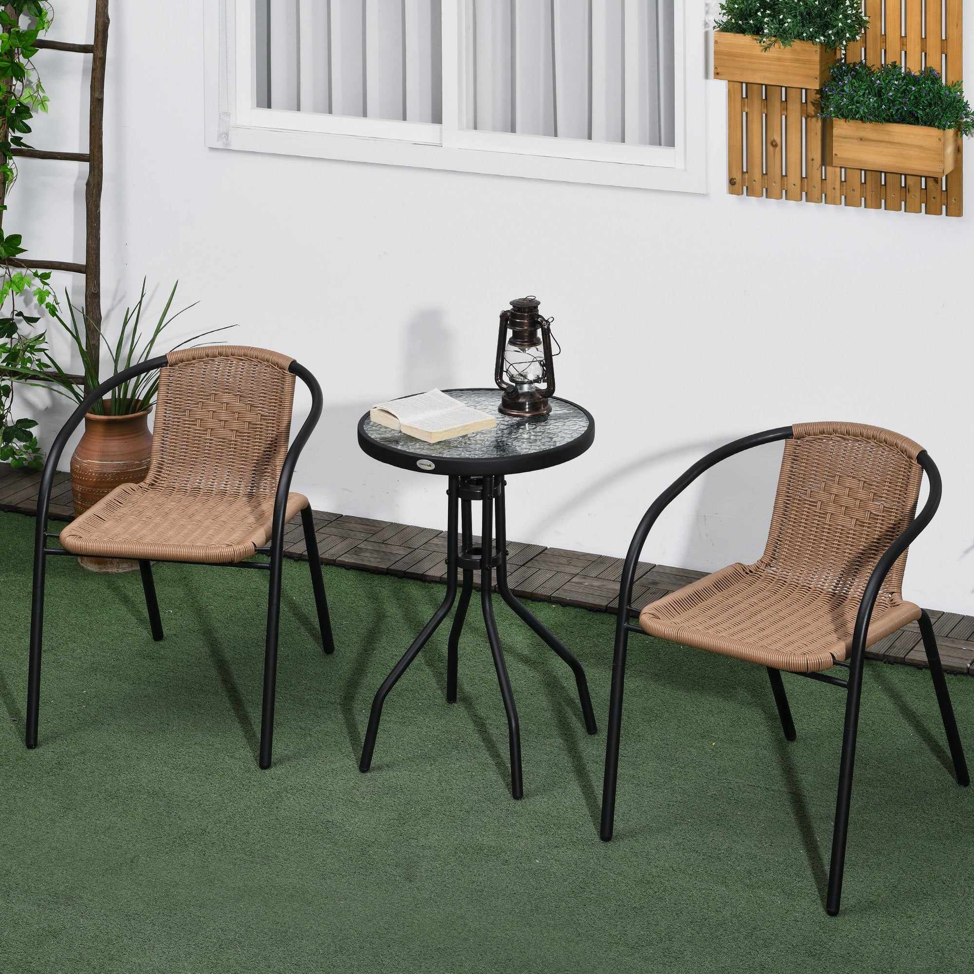 Outsunny 3 Pieces Wicker Patio Furniture Set, Rattan Bistro Set with Coffee Table and Stackable Chairs, Outdoor Conversation Set for Garden, Porch, Balcony, Brown