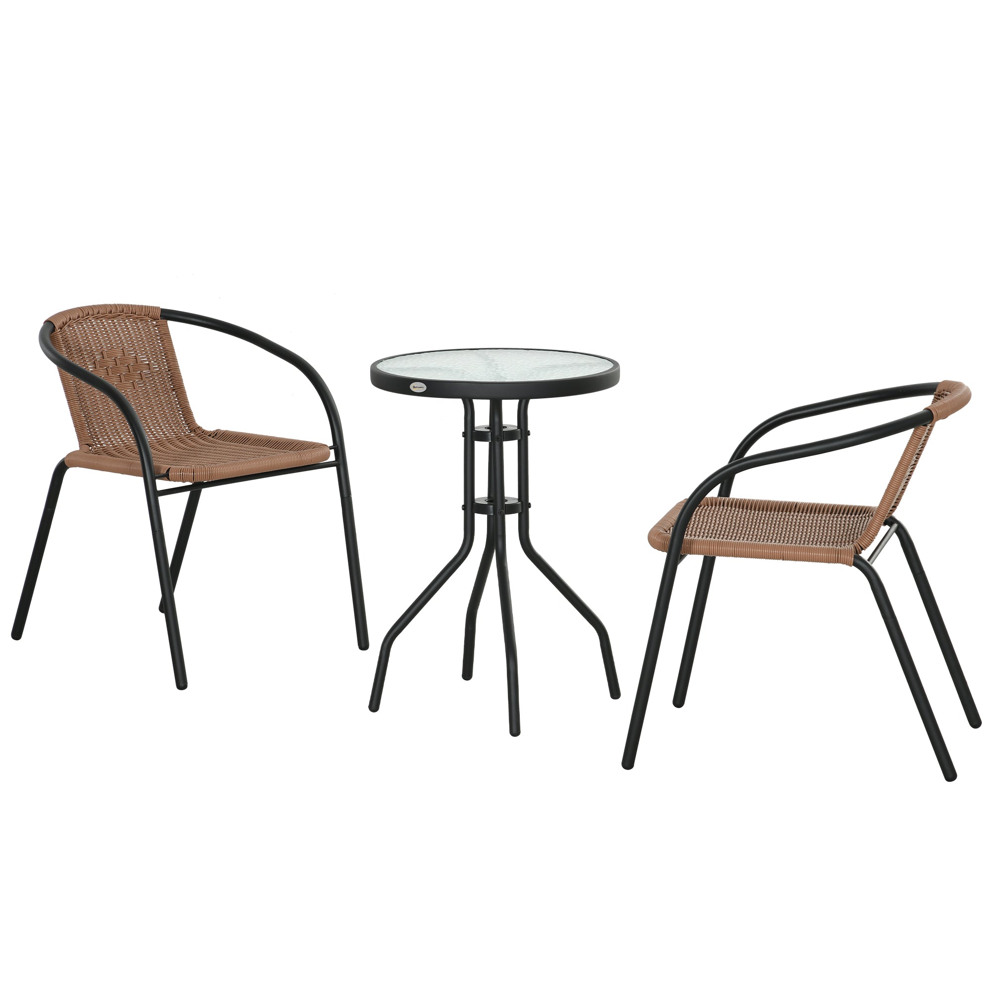 Outsunny 3 Pieces Wicker Patio Furniture Set, Rattan Bistro Set with Coffee Table and Stackable Chairs, Outdoor Conversation Set for Garden, Porch, Balcony, Brown