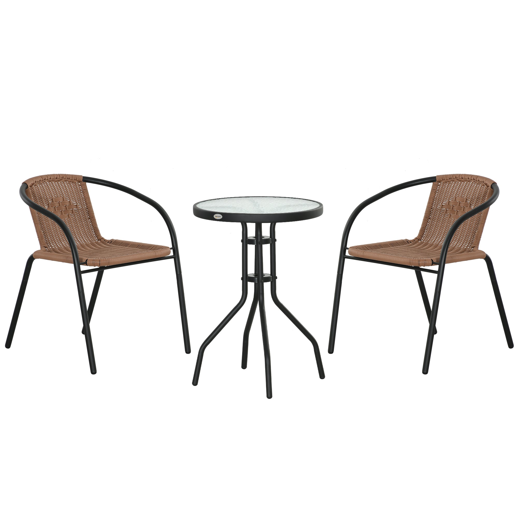 Outsunny 3 Pieces Wicker Patio Furniture Set, Rattan Bistro Set with Coffee Table and Stackable Chairs, Outdoor Conversation Set for Garden, Porch, Balcony, Brown