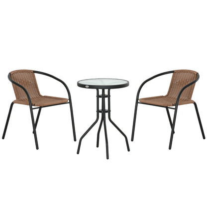 Outsunny 3 Pieces Wicker Patio Furniture Set, Rattan Bistro Set with Coffee Table and Stackable Chairs, Outdoor Conversation Set for Garden, Porch, Balcony, Brown