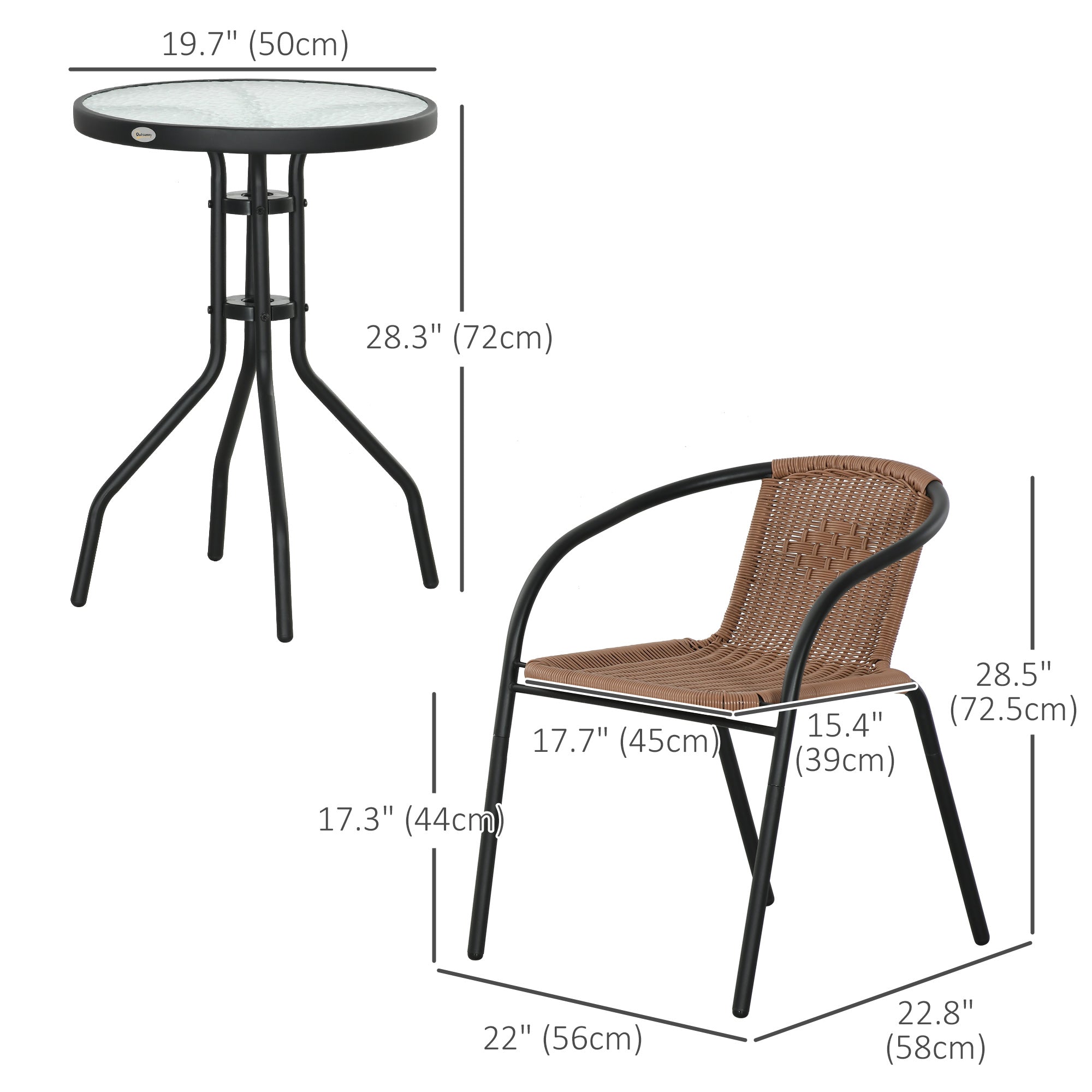 Outsunny 3 Pieces Wicker Patio Furniture Set, Rattan Bistro Set with Coffee Table and Stackable Chairs, Outdoor Conversation Set for Garden, Porch, Balcony, Brown