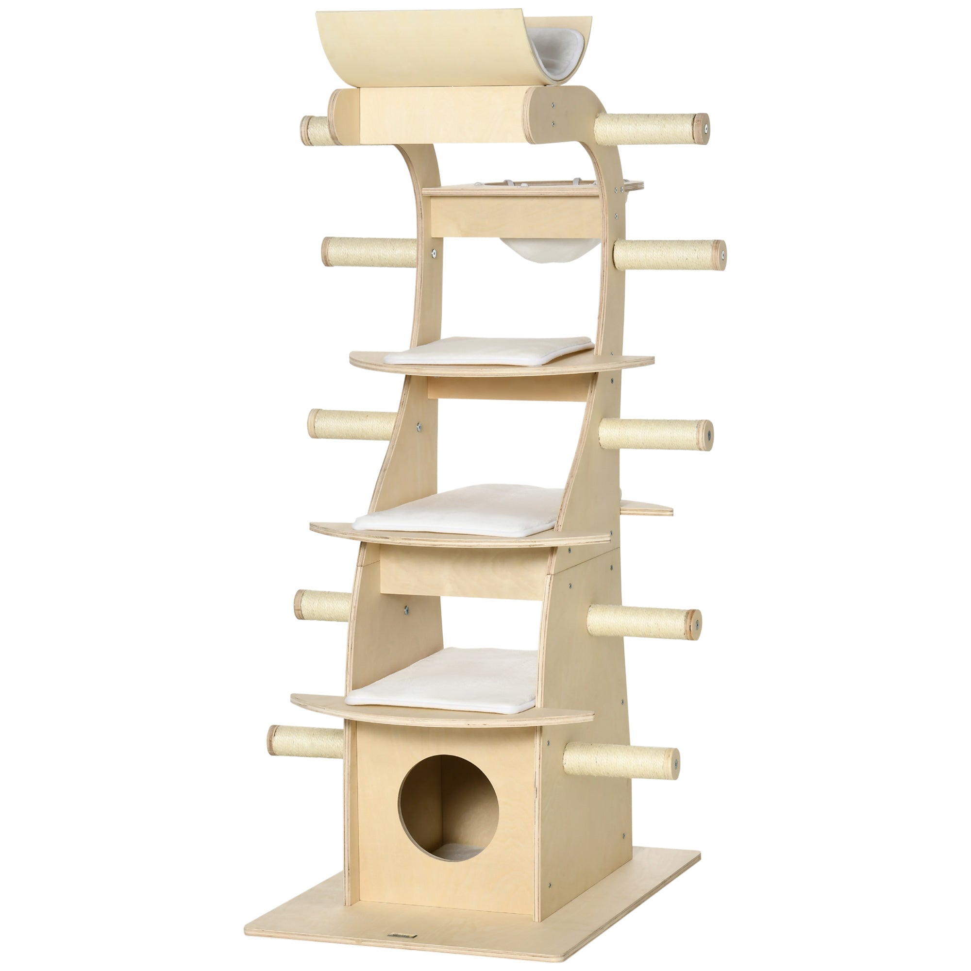 PawHut 63" Cat Tree Kitty Activity Center Wooden Cat Climbing Toy Pet Furniture with Multiple Perches Cat Condo Cushions Sisal Scratching Post, Beige