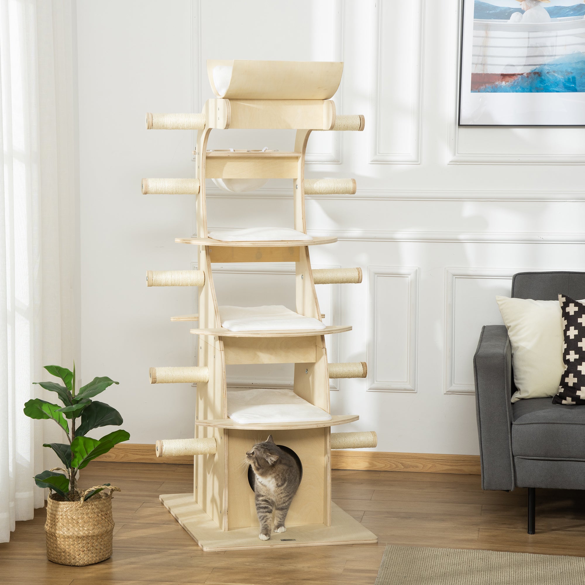 PawHut 63" Cat Tree Kitty Activity Center Wooden Cat Climbing Toy Pet Furniture with Multiple Perches Cat Condo Cushions Sisal Scratching Post, Beige