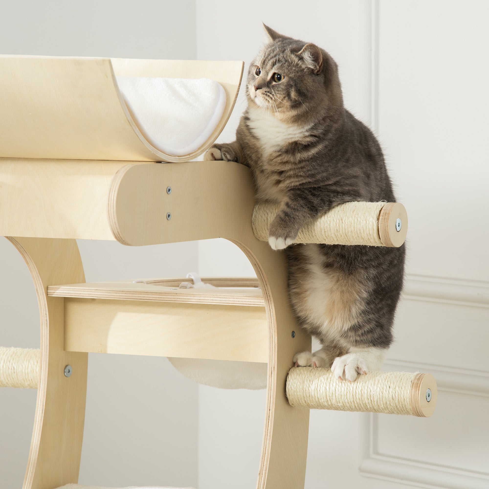 PawHut 63" Cat Tree Kitty Activity Center Wooden Cat Climbing Toy Pet Furniture with Multiple Perches Cat Condo Cushions Sisal Scratching Post, Beige