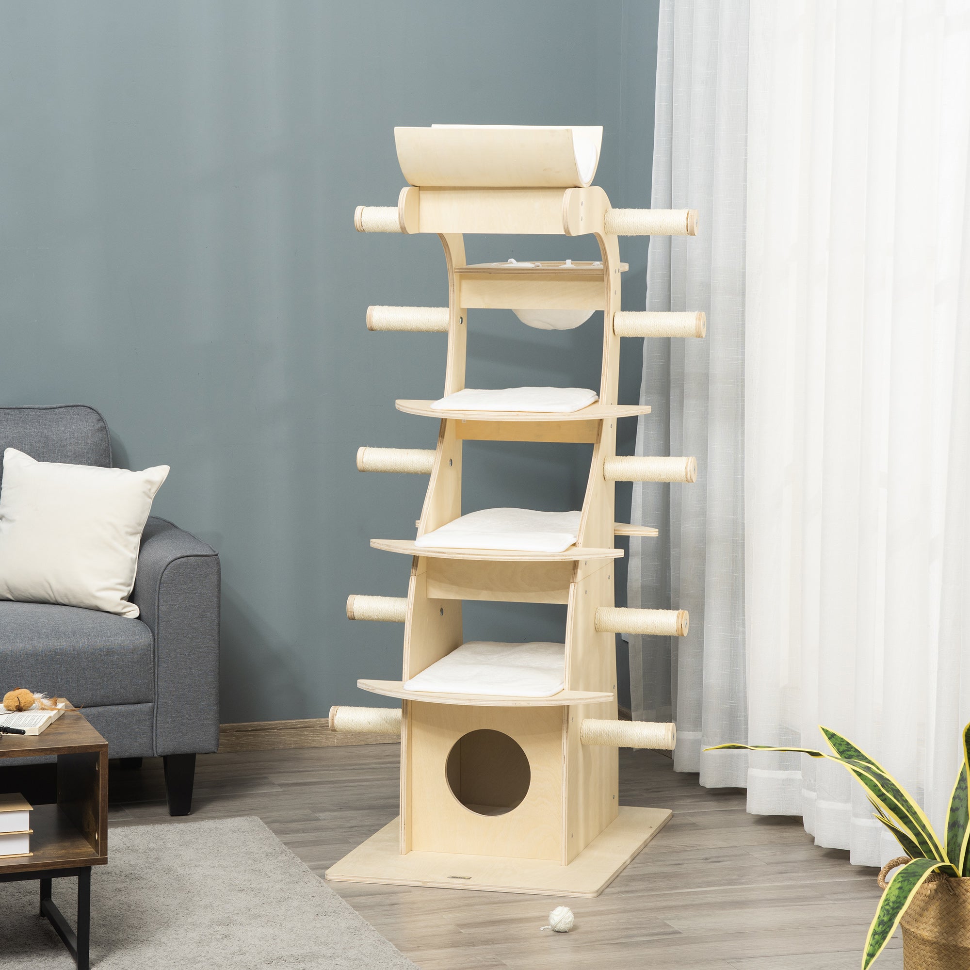 PawHut 63" Cat Tree Kitty Activity Center Wooden Cat Climbing Toy Pet Furniture with Multiple Perches Cat Condo Cushions Sisal Scratching Post, Beige