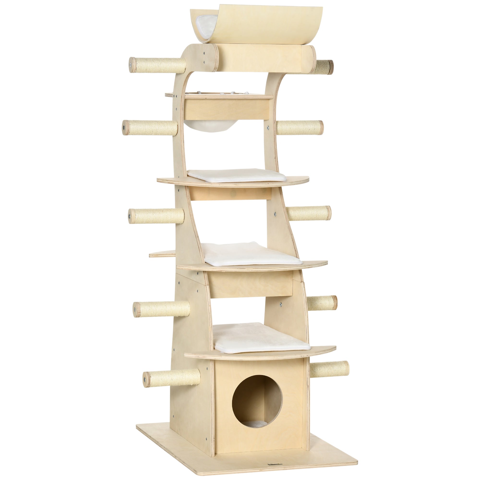 PawHut 63" Cat Tree Kitty Activity Center Wooden Cat Climbing Toy Pet Furniture with Multiple Perches Cat Condo Cushions Sisal Scratching Post, Beige