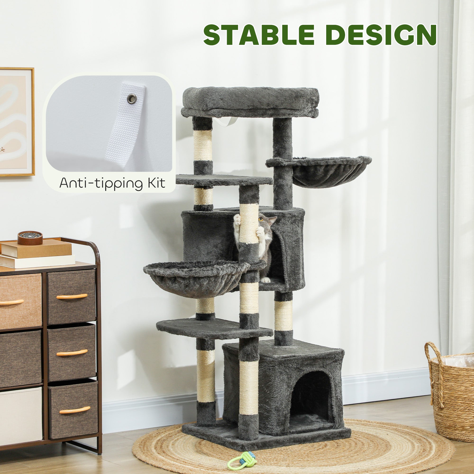 PawHut 52.5" Cat Tree, Cat Tower for Indoor Cats with Scratching Posts, Cat Condos, Bed, Platforms, Hammocks, Cat Activity Center, Dark Grey
