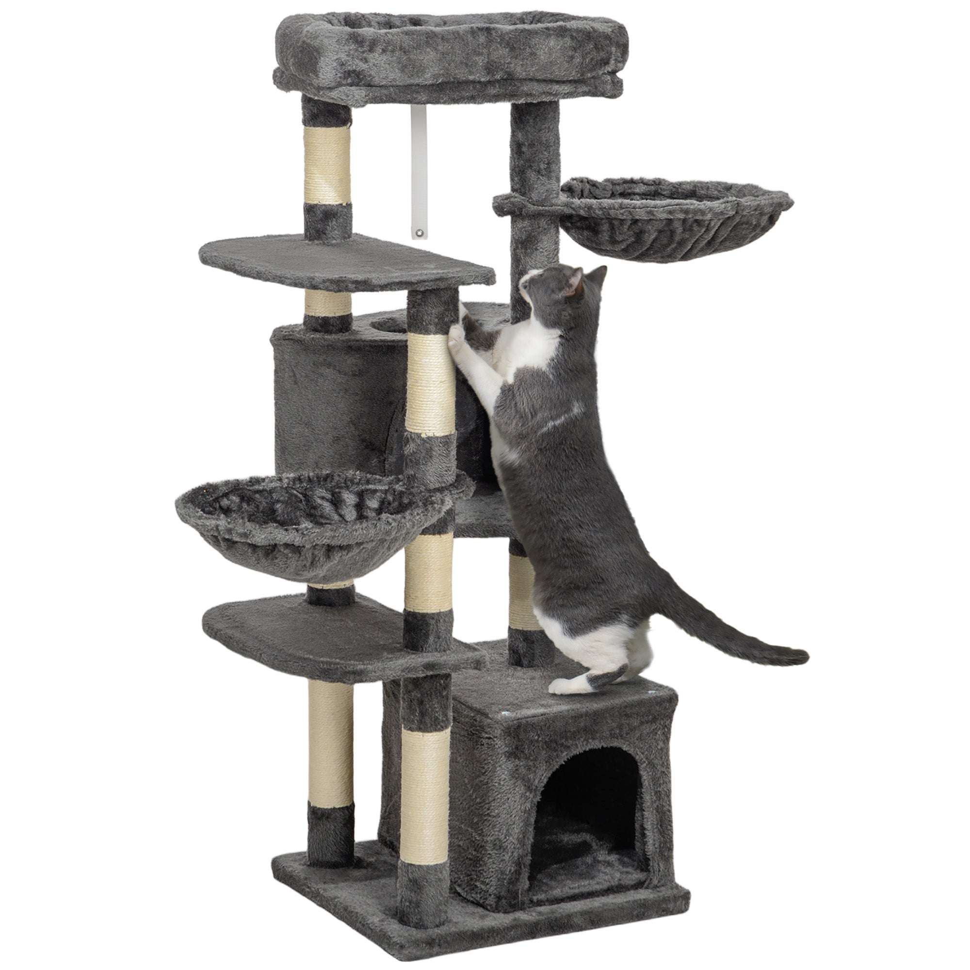 PawHut 52.5" Cat Tree, Cat Tower for Indoor Cats with Scratching Posts, Cat Condos, Bed, Platforms, Hammocks, Cat Activity Center, Dark Grey