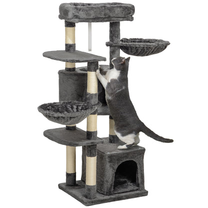PawHut 52.5" Cat Tree, Cat Tower for Indoor Cats with Scratching Posts, Cat Condos, Bed, Platforms, Hammocks, Cat Activity Center, Dark Grey