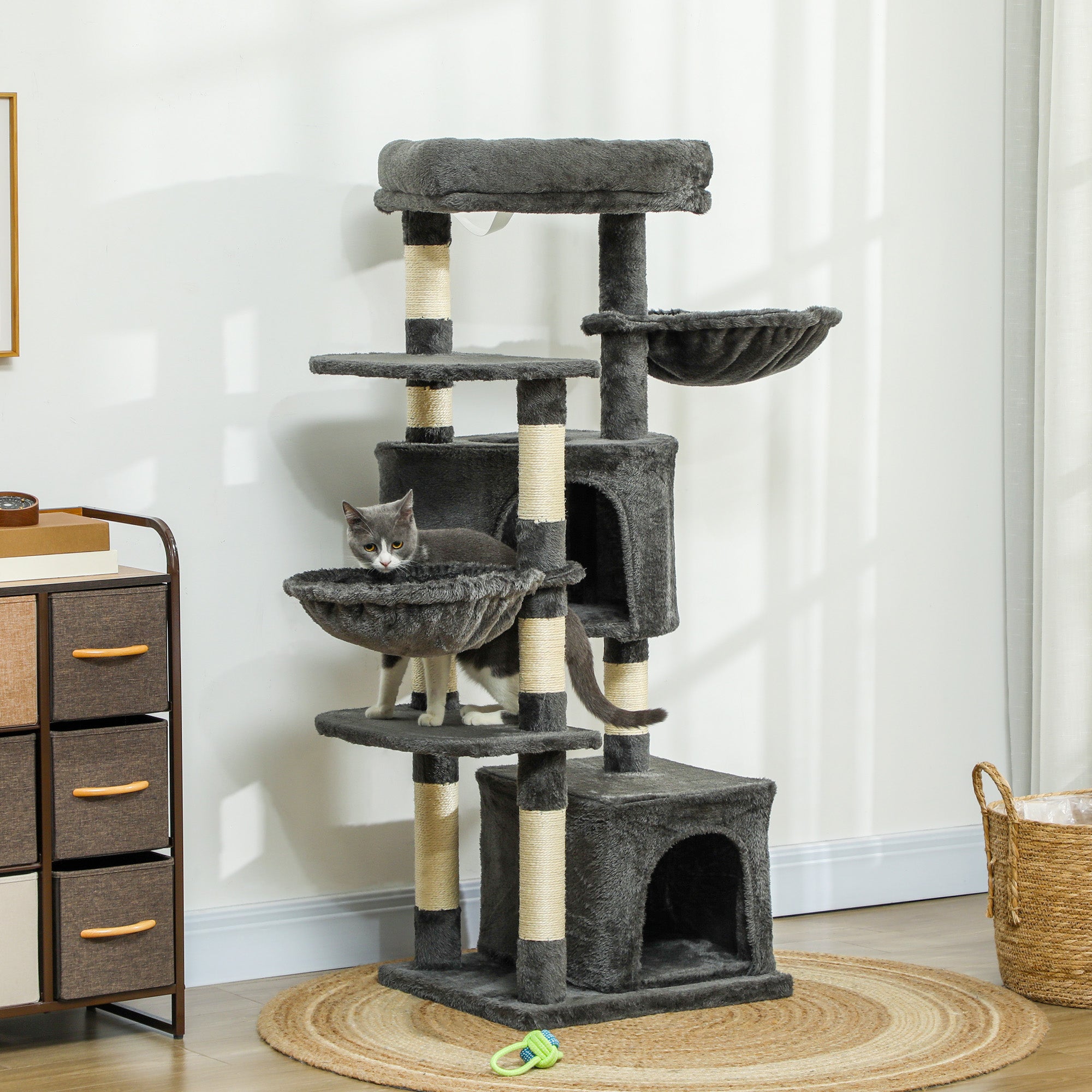 PawHut 52.5" Cat Tree, Cat Tower for Indoor Cats with Scratching Posts, Cat Condos, Bed, Platforms, Hammocks, Cat Activity Center, Dark Grey