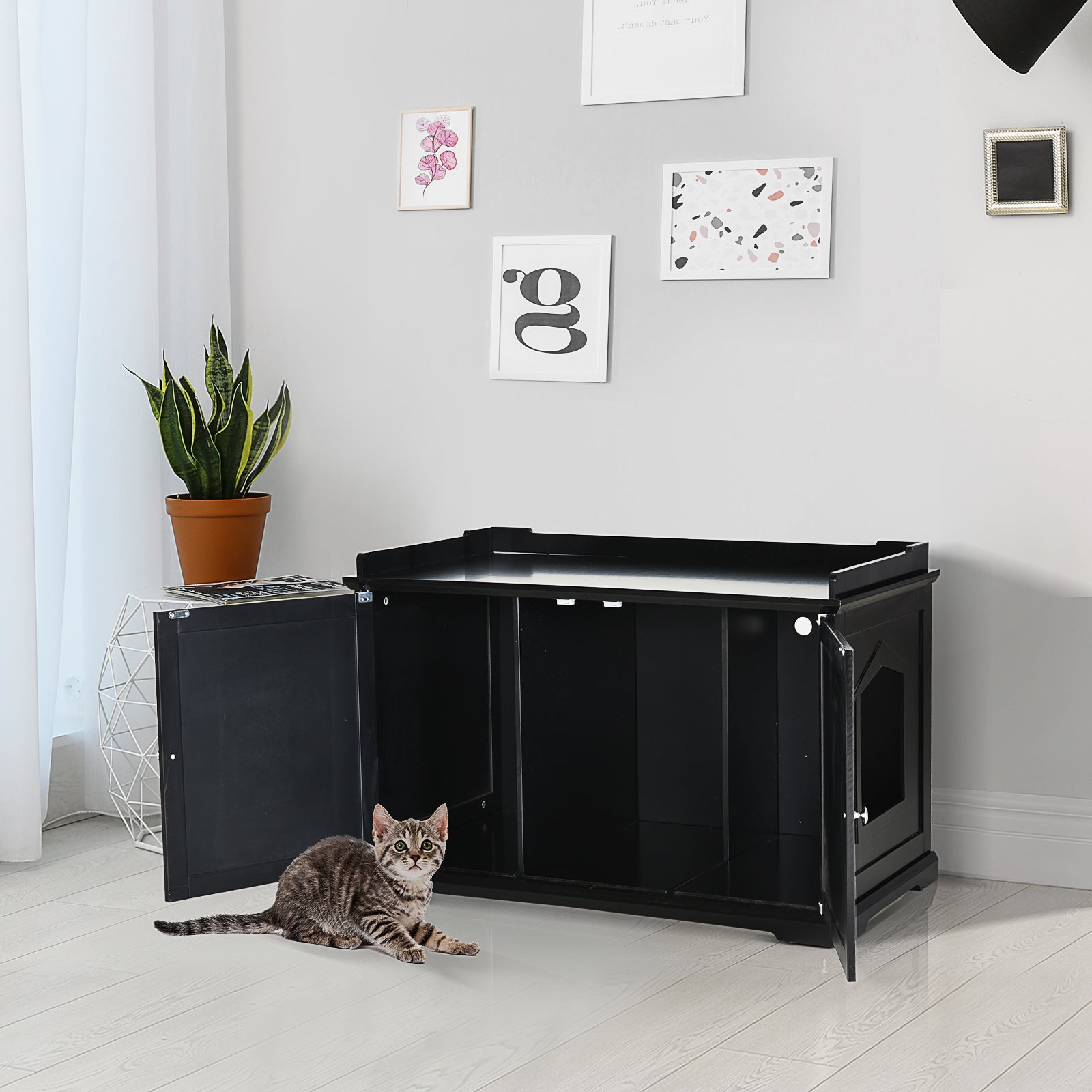 PawHut 37.5" Wooden Covered Mess Free Cat Litter Box End Table Hideaway Cabinet with Storage for Accessories, Black