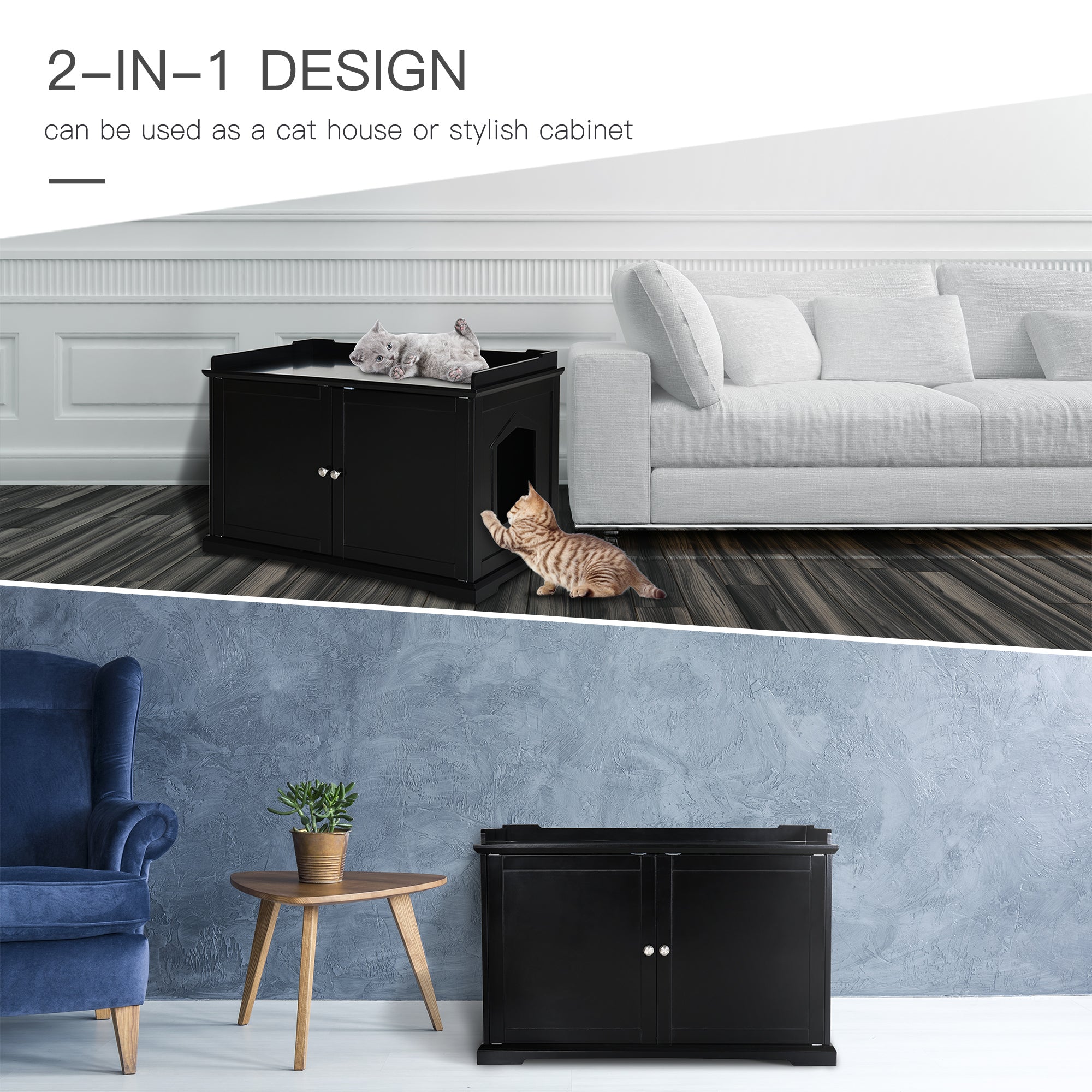 PawHut 37.5" Wooden Covered Mess Free Cat Litter Box End Table Hideaway Cabinet with Storage for Accessories, Black
