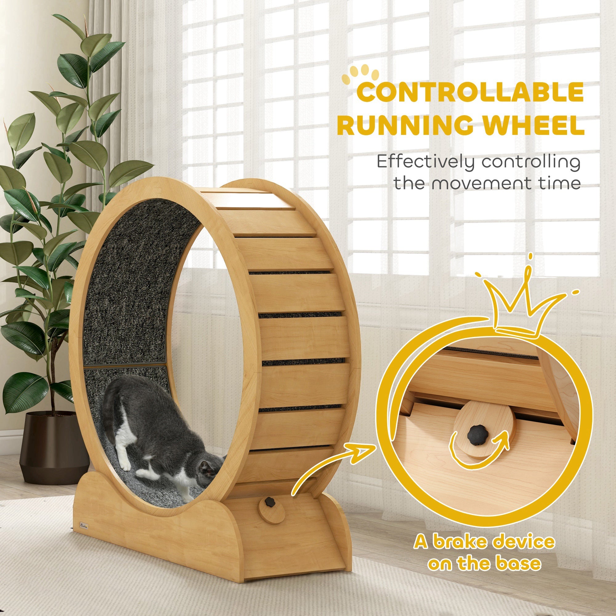 PawHut Cat Wheel for Indoor Cats, 39 Inch Cat Exercise Wheel, Cat Treadmill with Brake, Cat Running Wheel for Fitness & Healthy, Natural